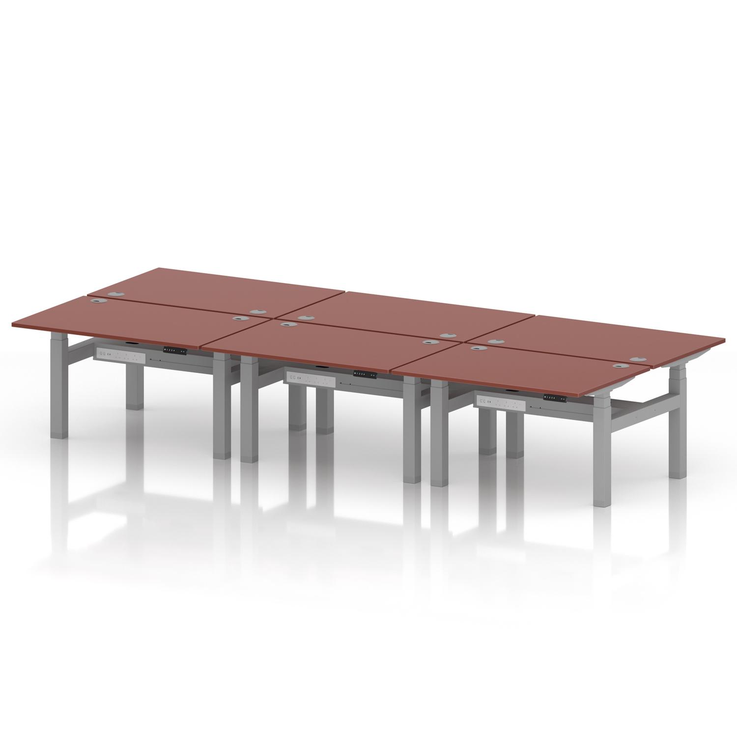Air Back-to-Back 1200 x 800mm Height Adjustable 6 Person Office Bench Desk Brick Red Top with Cable Ports Silver Frame Air Back-to-Back 1200 x 800mm Height Adjustable 6 Person Office Bench Desk Brick Red Top with Cable Ports Silver Frame