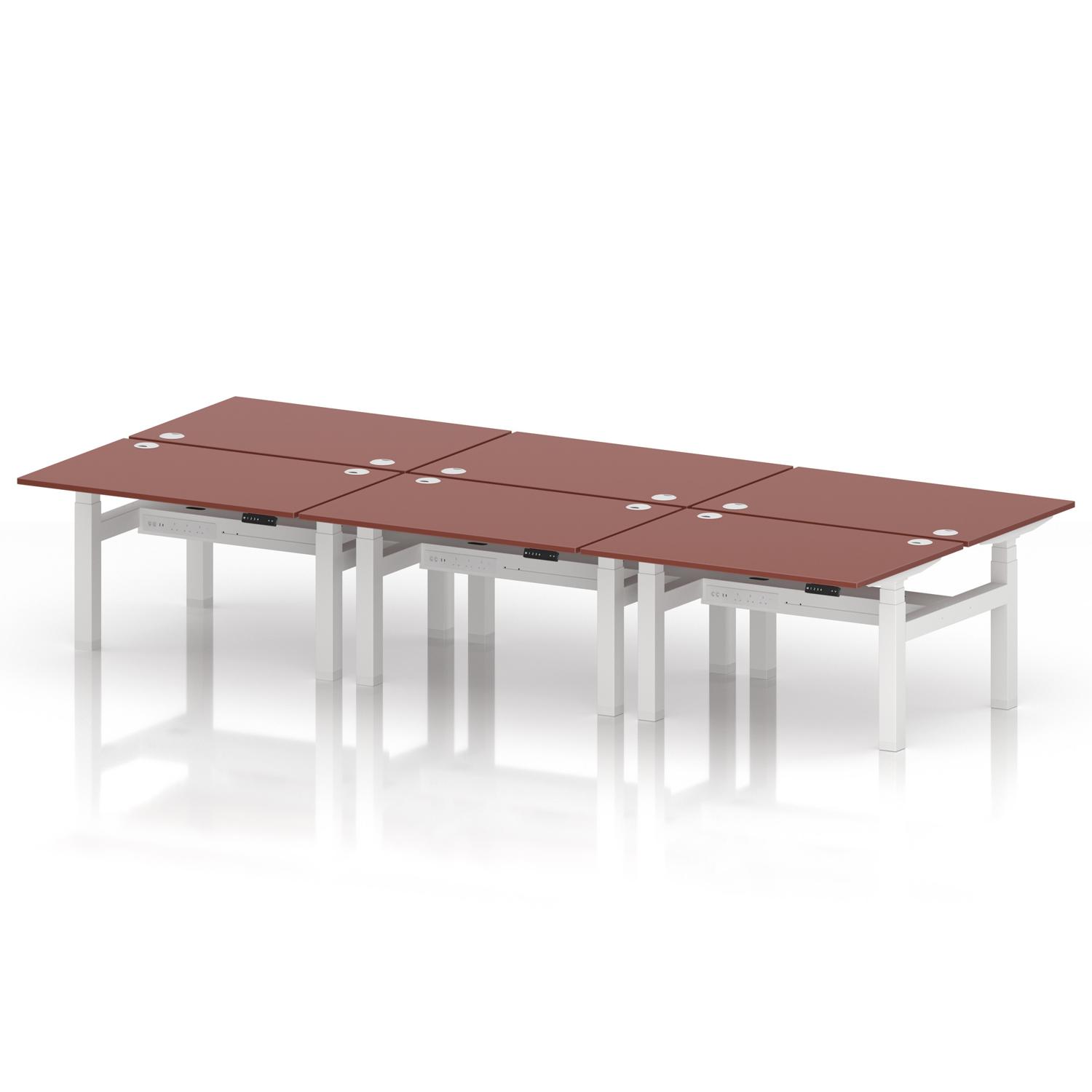 Air Back-to-Back 1200 x 800mm Height Adjustable 6 Person Office Bench Desk Brick Red Top with Cable Ports White Frame Air Back-to-Back 1200 x 800mm Height Adjustable 6 Person Office Bench Desk Brick Red Top with Cable Ports White Frame