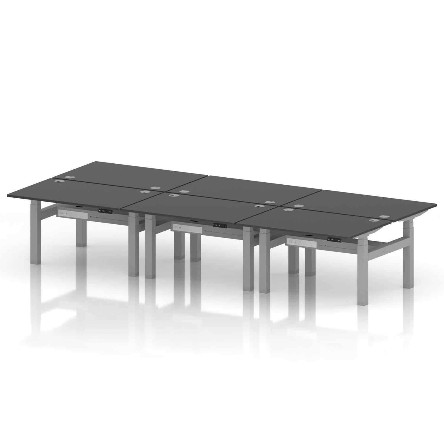 Air Back-to-Back 1200 x 800mm Height Adjustable 6 Person Office Bench Desk Carbon Grey Top with Cable Ports Silver Frame Air Back-to-Back 1200 x 800mm Height Adjustable 6 Person Office Bench Desk Carbon Grey Top with Cable Ports Silver Frame