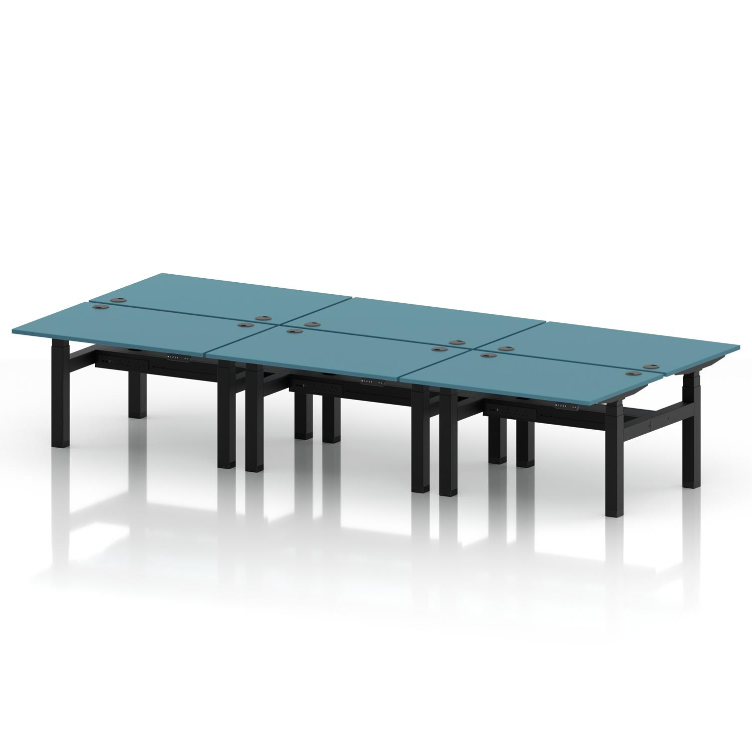 Air Back-to-Back 1200 x 800mm Height Adjustable 6 Person Office Bench Desk Dark Teal Top with Cable Ports Black Frame Air Back-to-Back 1200 x 800mm Height Adjustable 6 Person Office Bench Desk Dark Teal Top with Cable Ports Black Frame