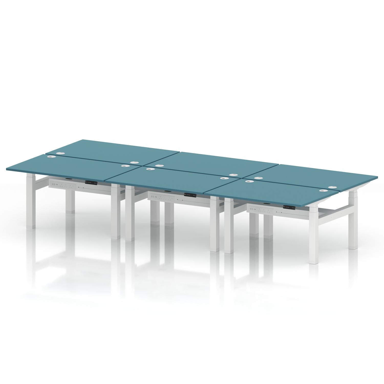 Air Back-to-Back 1200 x 800mm Height Adjustable 6 Person Office Bench Desk Dark Teal Top with Cable Ports White Frame Air Back-to-Back 1200 x 800mm Height Adjustable 6 Person Office Bench Desk Dark Teal Top with Cable Ports White Frame