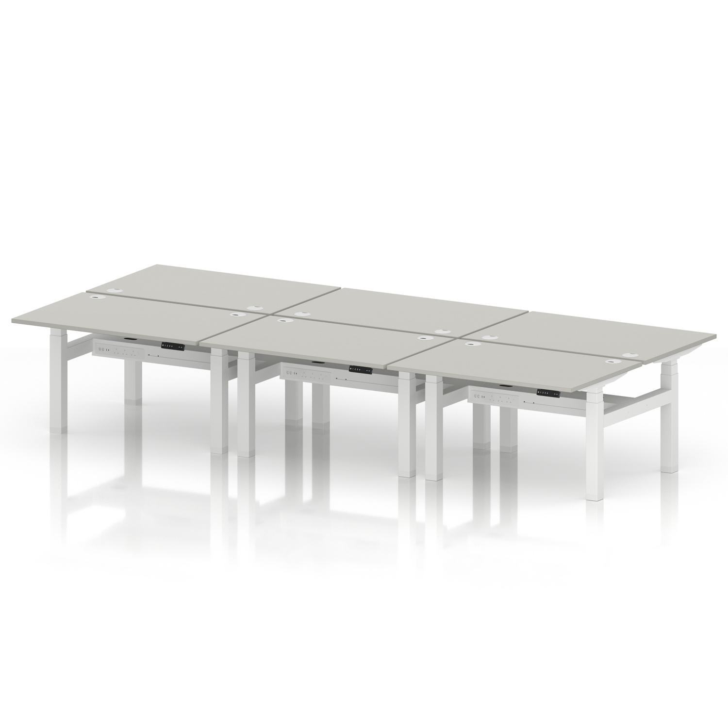 Air Back-to-Back 1200 x 800mm Height Adjustable 6 Person Office Bench Desk Dove Grey Top with Cable Ports White Frame Air Back-to-Back 1200 x 800mm Height Adjustable 6 Person Office Bench Desk Dove Grey Top with Cable Ports White Frame
