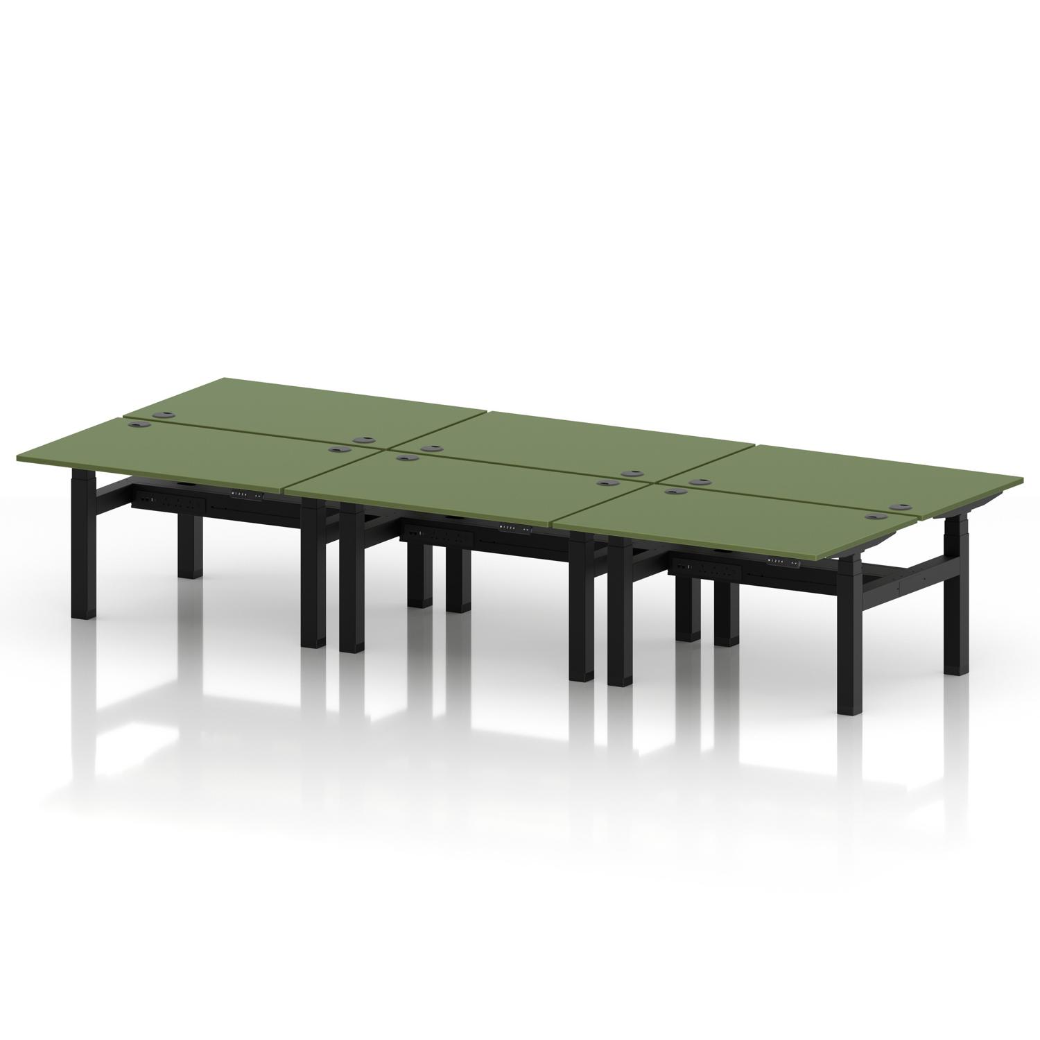 Air Back-to-Back 1200 x 800mm Height Adjustable 6 Person Office Bench Desk Moss Green Top with Cable Ports Black Frame Air Back-to-Back 1200 x 800mm Height Adjustable 6 Person Office Bench Desk Moss Green Top with Cable Ports Black Frame