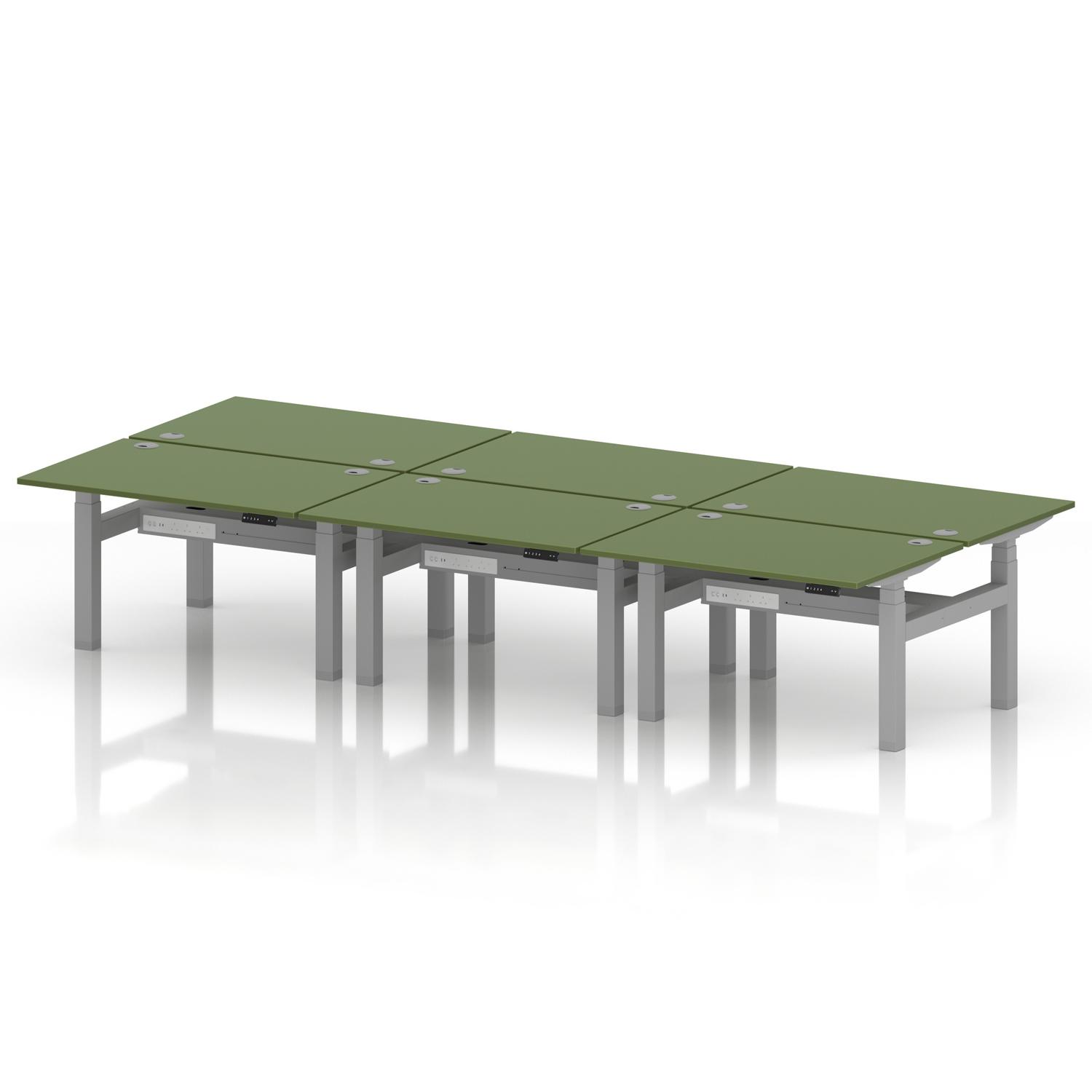 Air Back-to-Back 1200 x 800mm Height Adjustable 6 Person Office Bench Desk Moss Green Top with Cable Ports Silver Frame Air Back-to-Back 1200 x 800mm Height Adjustable 6 Person Office Bench Desk Moss Green Top with Cable Ports Silver Frame