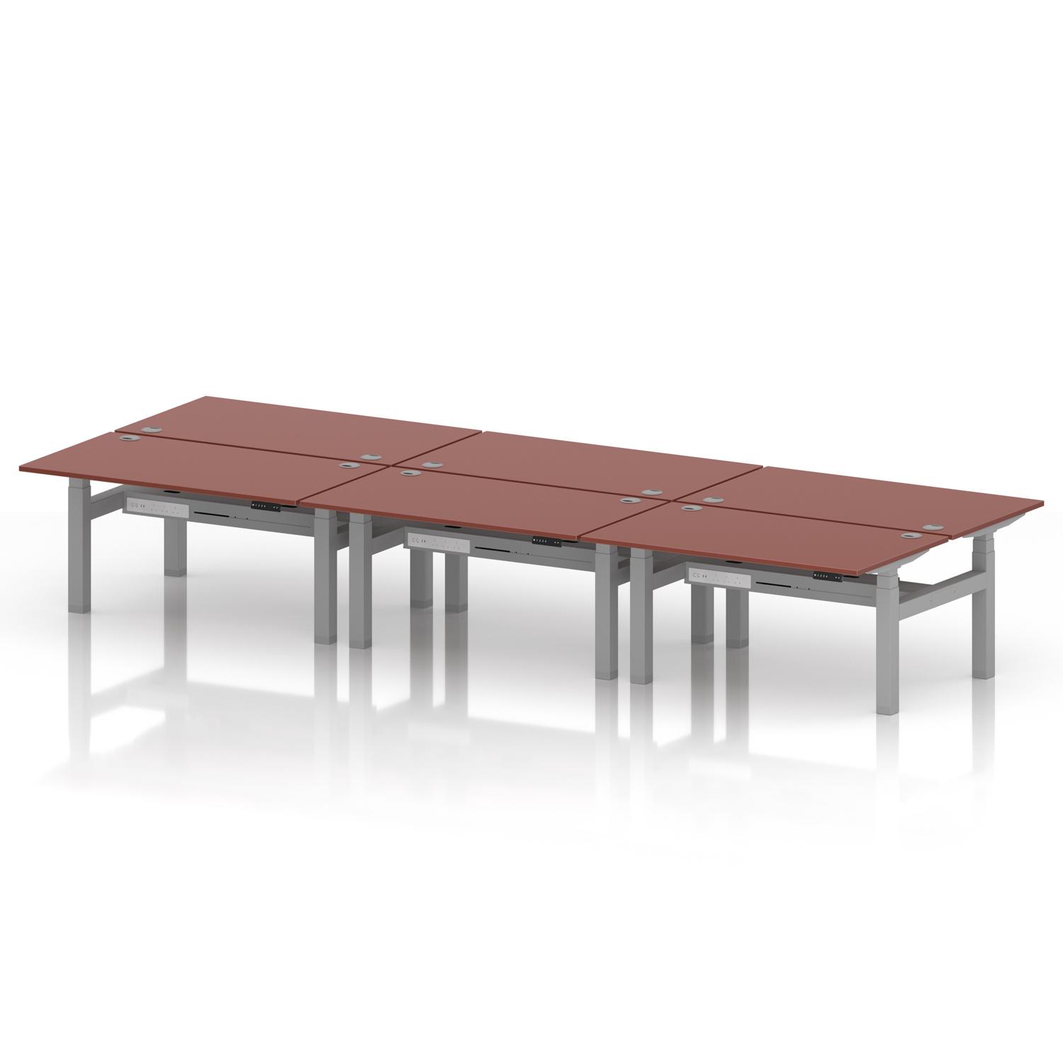 Air Back-to-Back 1400 x 800mm Height Adjustable 6 Person Office Bench Desk Brick Red Top with Cable Ports Silver Frame Air Back-to-Back 1400 x 800mm Height Adjustable 6 Person Office Bench Desk Brick Red Top with Cable Ports Silver Frame