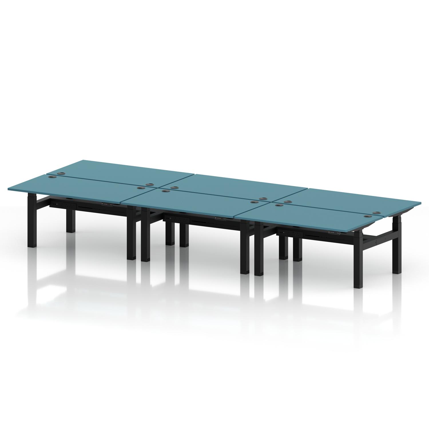 Air Back-to-Back 1400 x 800mm Height Adjustable 6 Person Office Bench Desk Dark Teal Top with Cable Ports Black Frame Air Back-to-Back 1400 x 800mm Height Adjustable 6 Person Office Bench Desk Dark Teal Top with Cable Ports Black Frame