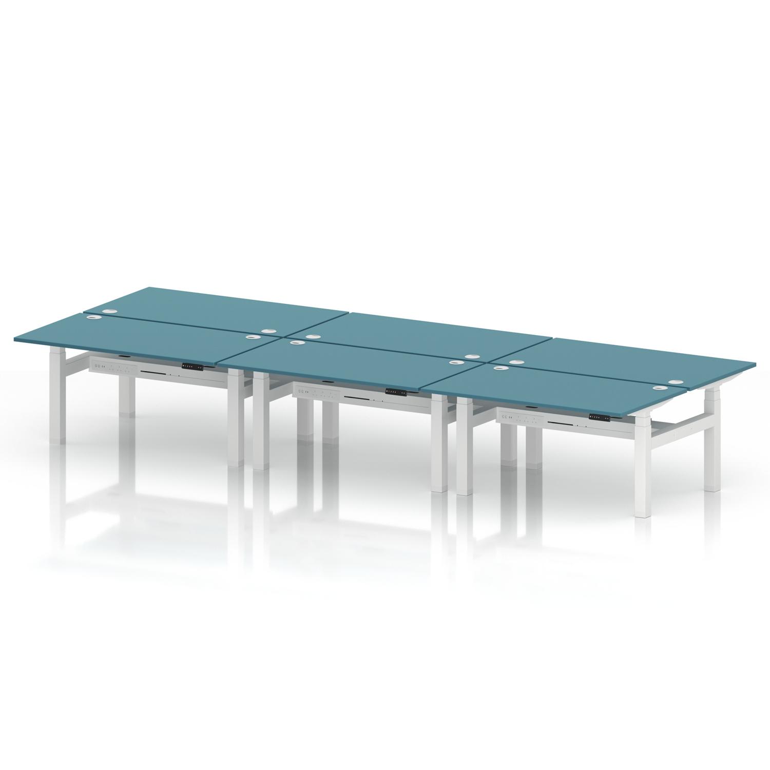 Air Back-to-Back 1400 x 800mm Height Adjustable 6 Person Office Bench Desk Dark Teal Top with Cable Ports White Frame Air Back-to-Back 1400 x 800mm Height Adjustable 6 Person Office Bench Desk Dark Teal Top with Cable Ports White Frame