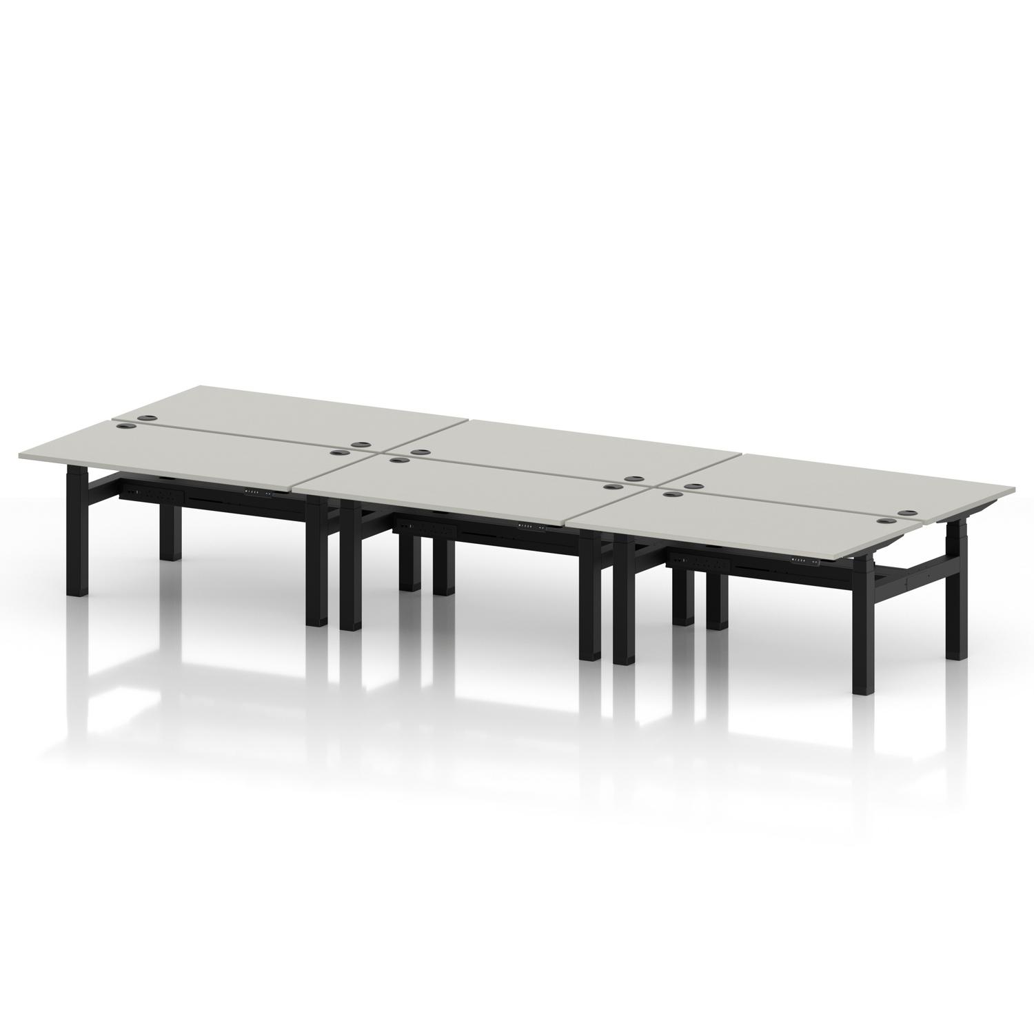 Air Back-to-Back 1400 x 800mm Height Adjustable 6 Person Office Bench Desk Dove Grey Top with Cable Ports Black Frame Air Back-to-Back 1400 x 800mm Height Adjustable 6 Person Office Bench Desk Dove Grey Top with Cable Ports Black Frame