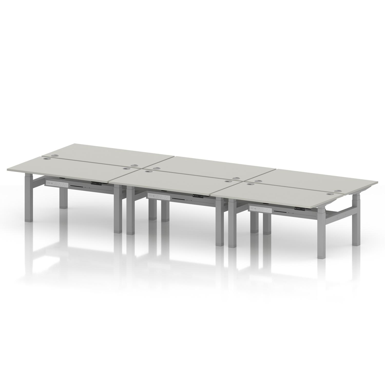 Air Back-to-Back 1400 x 800mm Height Adjustable 6 Person Office Bench Desk Dove Grey Top with Cable Ports Silver Frame Air Back-to-Back 1400 x 800mm Height Adjustable 6 Person Office Bench Desk Dove Grey Top with Cable Ports Silver Frame