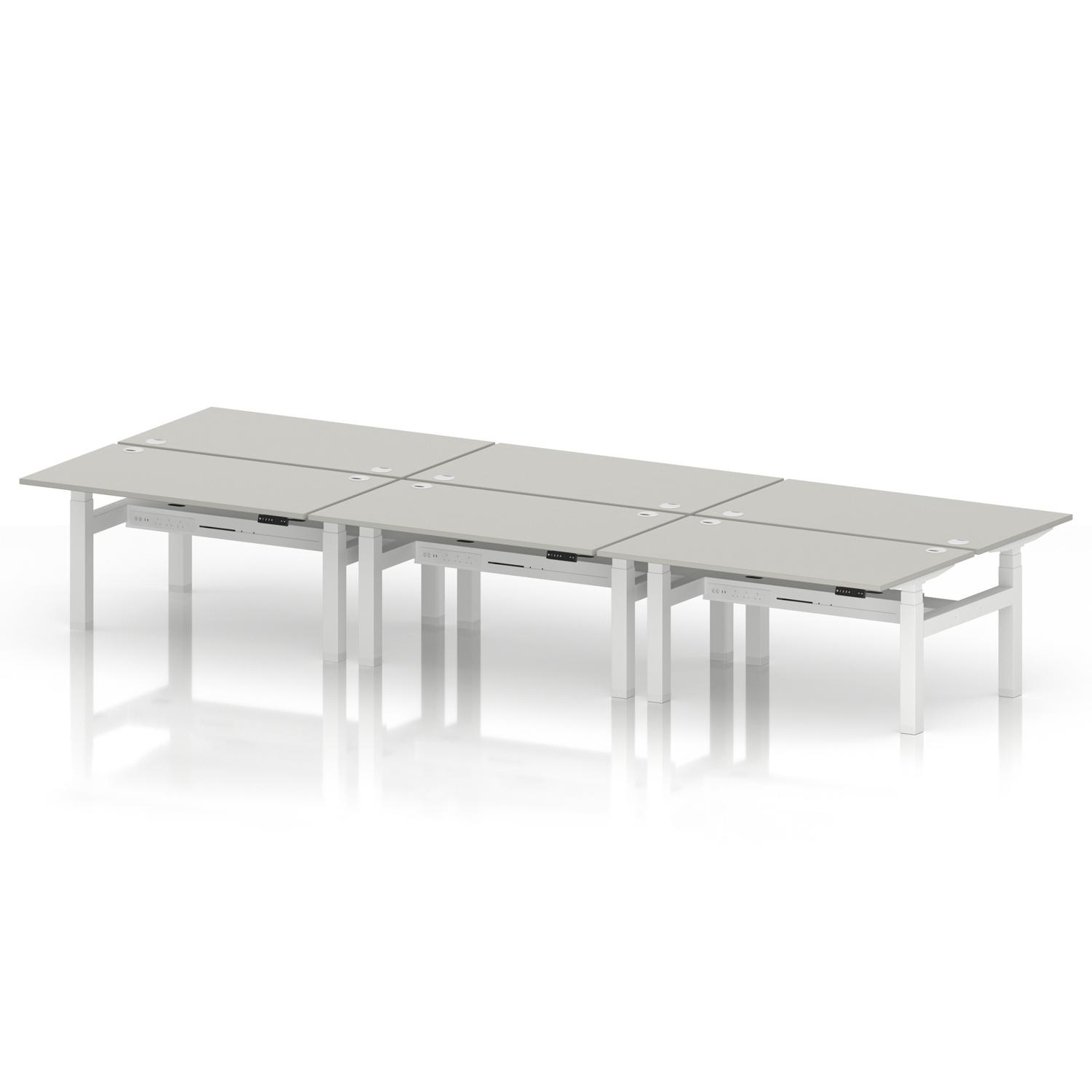 Air Back-to-Back 1400 x 800mm Height Adjustable 6 Person Office Bench Desk Dove Grey Top with Cable Ports White Frame Air Back-to-Back 1400 x 800mm Height Adjustable 6 Person Office Bench Desk Dove Grey Top with Cable Ports White Frame