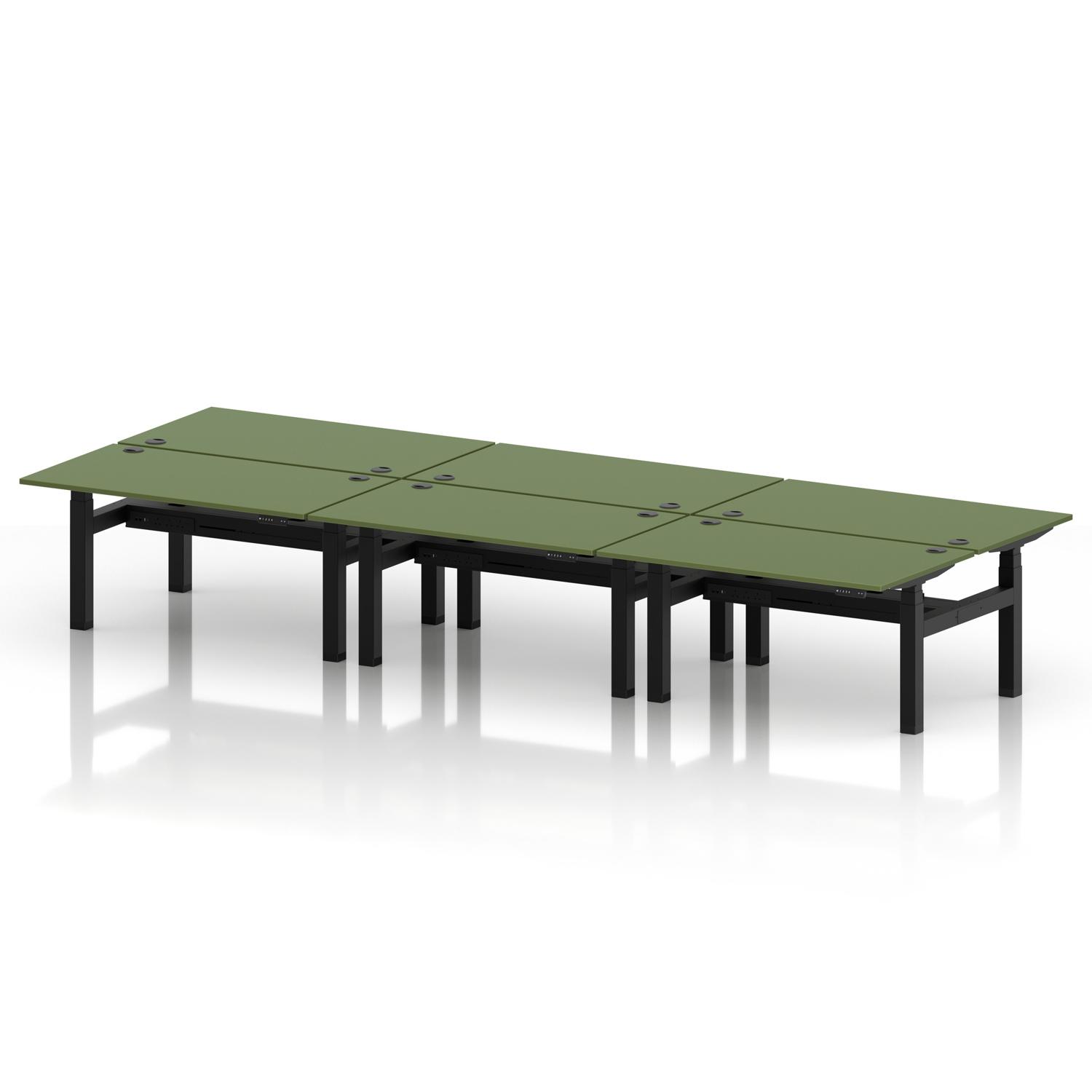 Air Back-to-Back 1400 x 800mm Height Adjustable 6 Person Office Bench Desk Moss Green Top with Cable Ports Black Frame Air Back-to-Back 1400 x 800mm Height Adjustable 6 Person Office Bench Desk Moss Green Top with Cable Ports Black Frame