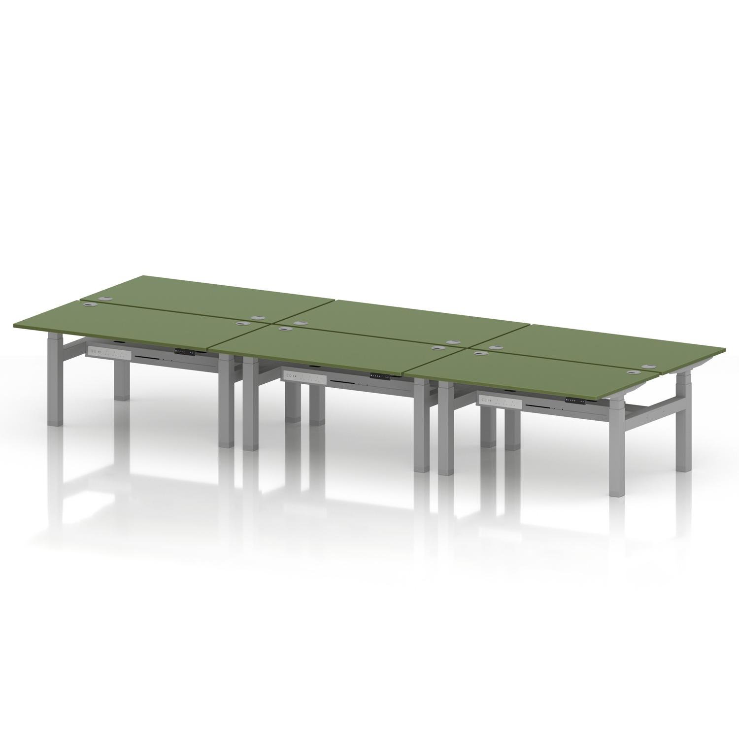 Air Back-to-Back 1400 x 800mm Height Adjustable 6 Person Office Bench Desk Moss Green Top with Cable Ports Silver Frame Air Back-to-Back 1400 x 800mm Height Adjustable 6 Person Office Bench Desk Moss Green Top with Cable Ports Silver Frame