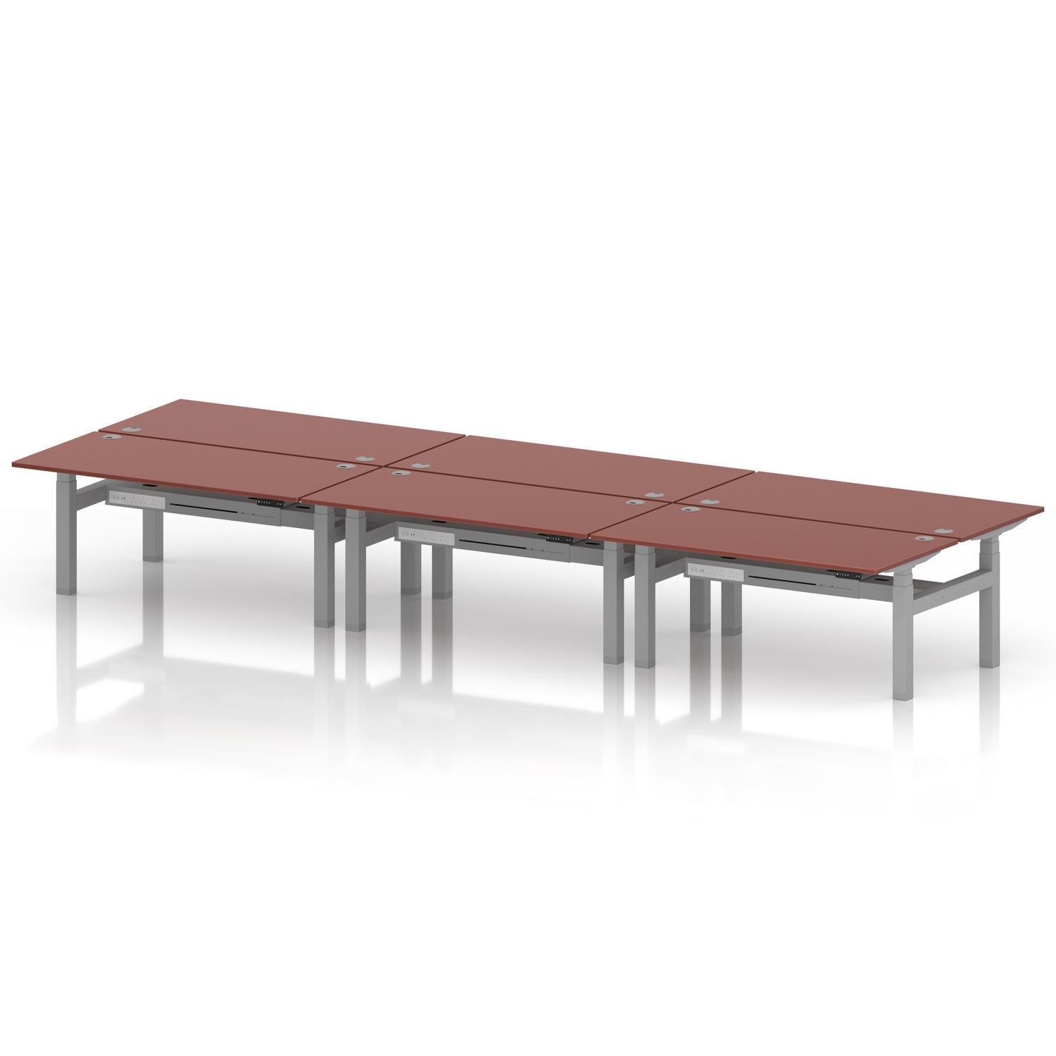 Air Back-to-Back 1600 x 800mm Height Adjustable 6 Person Office Bench Desk Brick Red Top with Cable Ports Silver Frame Air Back-to-Back 1600 x 800mm Height Adjustable 6 Person Office Bench Desk Brick Red Top with Cable Ports Silver Frame