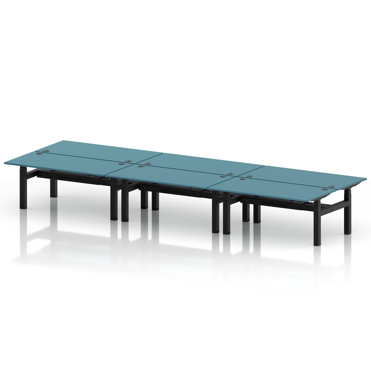 Air Back-to-Back 1600 x 800mm Height Adjustable 6 Person Office Bench Desk Dark Teal Top with Cable Ports Black Frame Air Back-to-Back 1600 x 800mm Height Adjustable 6 Person Office Bench Desk Dark Teal Top with Cable Ports Black Frame