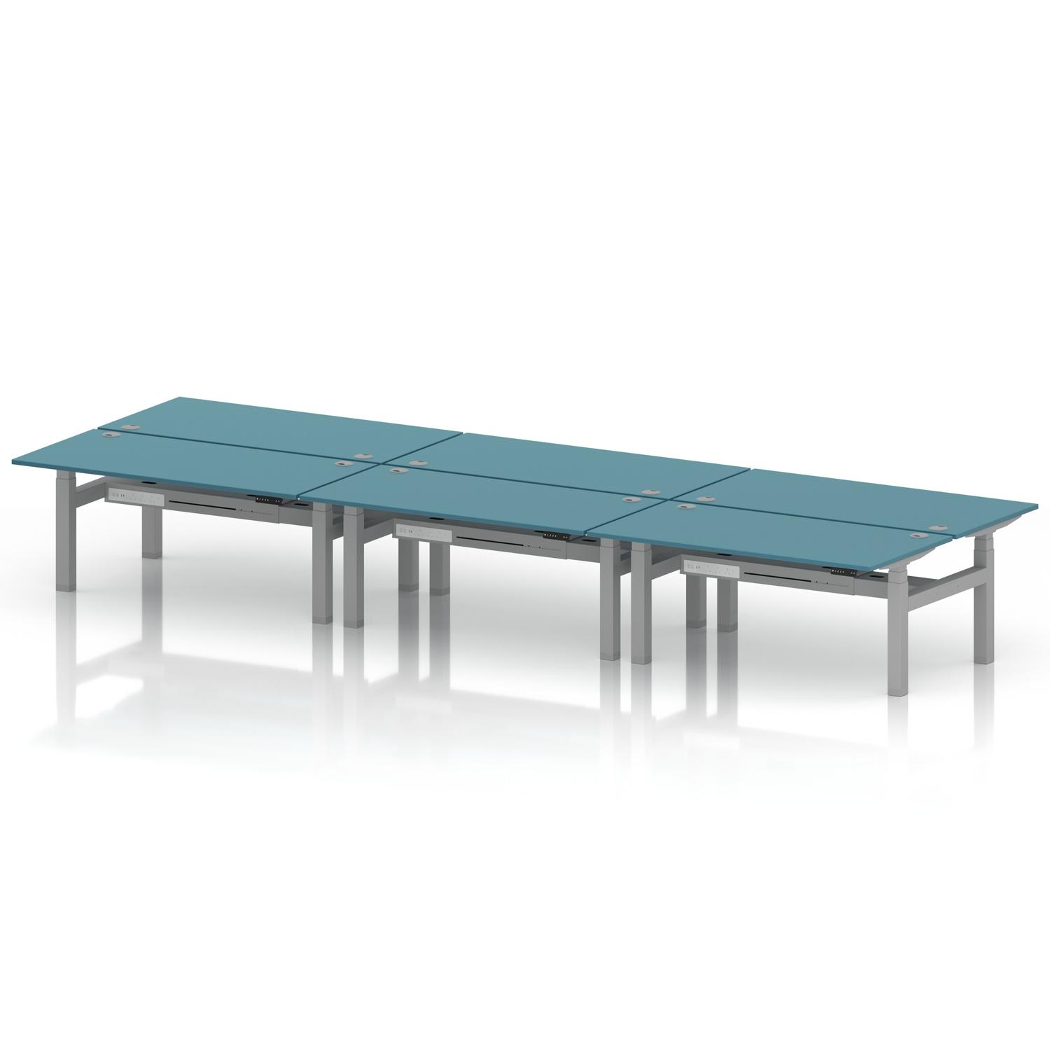 Air Back-to-Back 1600 x 800mm Height Adjustable 6 Person Office Bench Desk Dark Teal Top with Cable Ports Silver Frame Air Back-to-Back 1600 x 800mm Height Adjustable 6 Person Office Bench Desk Dark Teal Top with Cable Ports Silver Frame