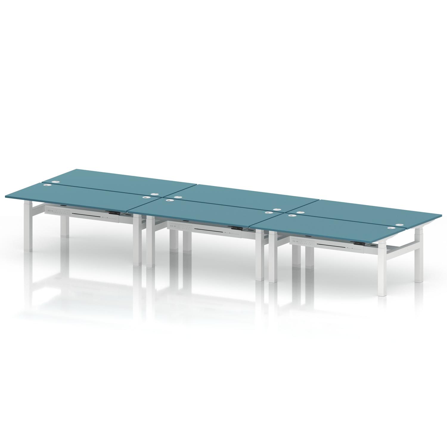 Air Back-to-Back 1600 x 800mm Height Adjustable 6 Person Office Bench Desk Dark Teal Top with Cable Ports White Frame Air Back-to-Back 1600 x 800mm Height Adjustable 6 Person Office Bench Desk Dark Teal Top with Cable Ports White Frame
