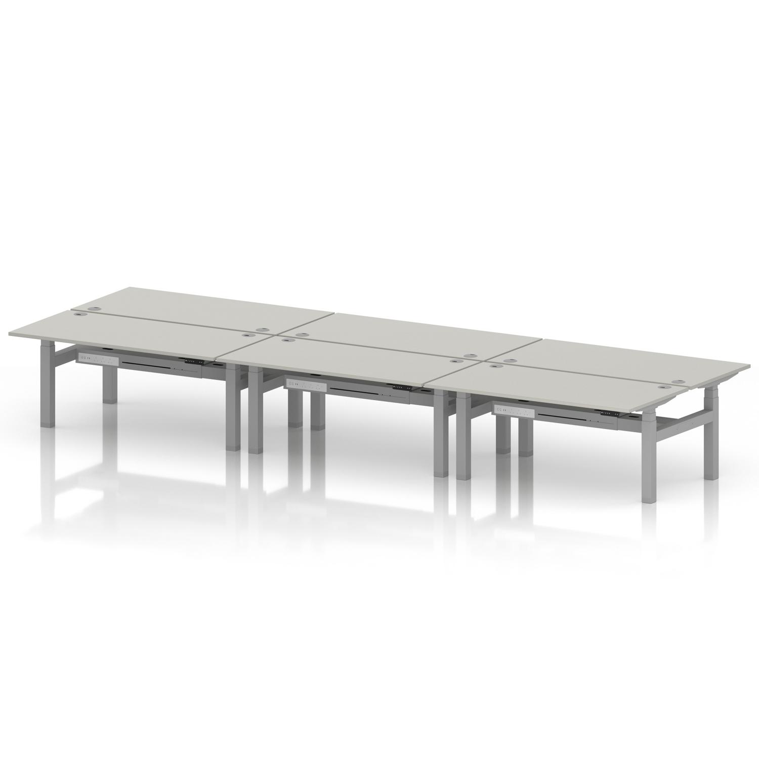 Air Back-to-Back 1600 x 800mm Height Adjustable 6 Person Office Bench Desk Dove Grey Top with Cable Ports Silver Frame Air Back-to-Back 1600 x 800mm Height Adjustable 6 Person Office Bench Desk Dove Grey Top with Cable Ports Silver Frame