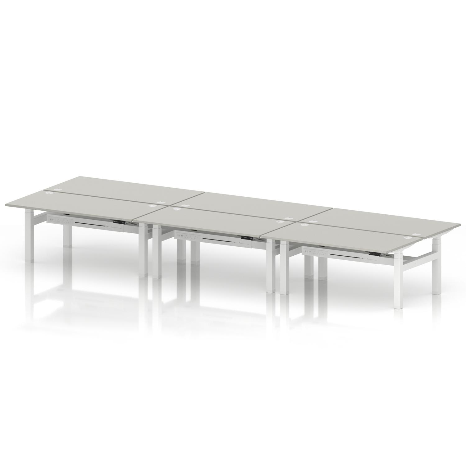 Air Back-to-Back 1600 x 800mm Height Adjustable 6 Person Office Bench Desk Dove Grey Top with Cable Ports White Frame Air Back-to-Back 1600 x 800mm Height Adjustable 6 Person Office Bench Desk Dove Grey Top with Cable Ports White Frame