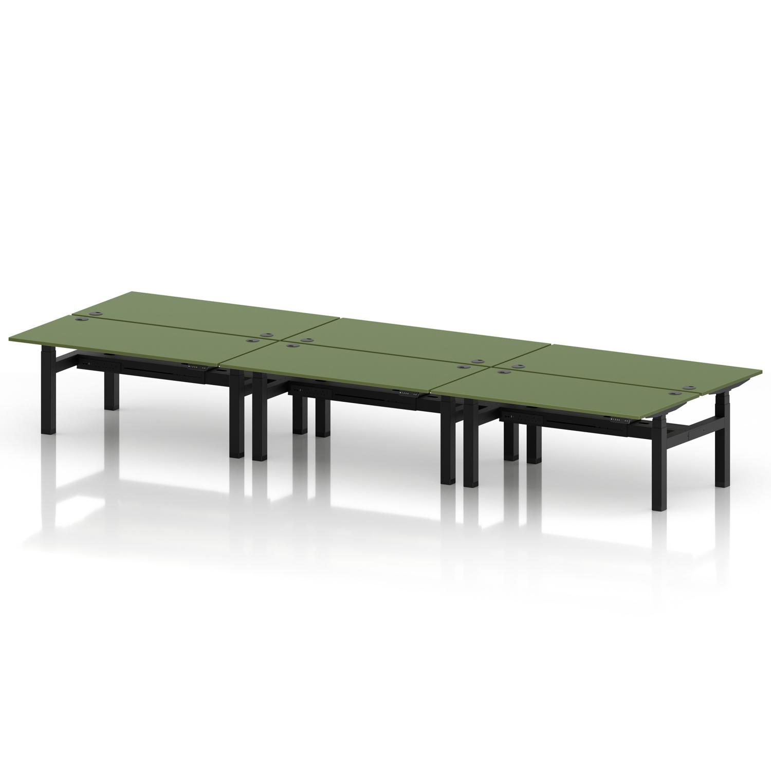 Air Back-to-Back 1600 x 800mm Height Adjustable 6 Person Office Bench Desk Moss Green Top with Cable Ports Black Frame Air Back-to-Back 1600 x 800mm Height Adjustable 6 Person Office Bench Desk Moss Green Top with Cable Ports Black Frame