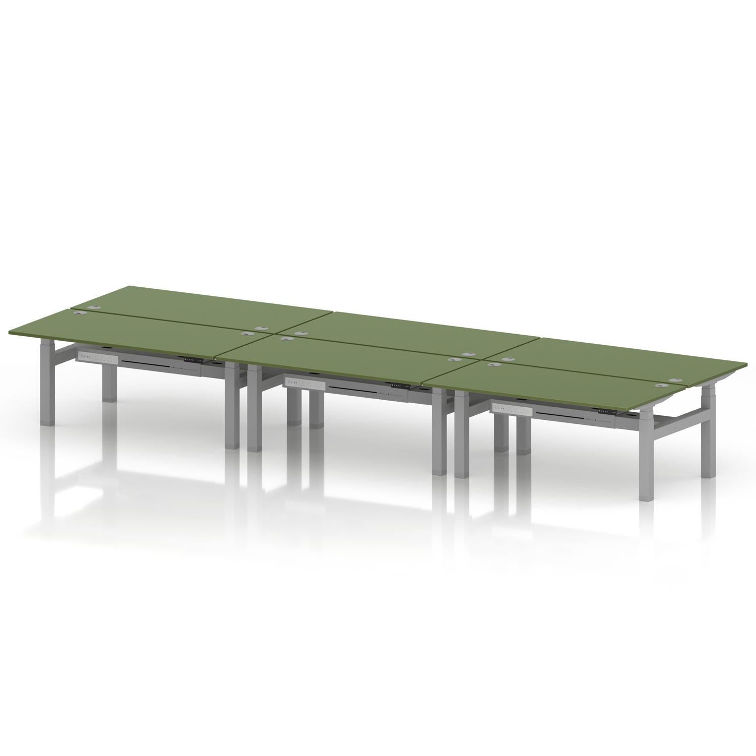Air Back-to-Back 1600 x 800mm Height Adjustable 6 Person Office Bench Desk Moss Green Top with Cable Ports Silver Frame Air Back-to-Back 1600 x 800mm Height Adjustable 6 Person Office Bench Desk Moss Green Top with Cable Ports Silver Frame