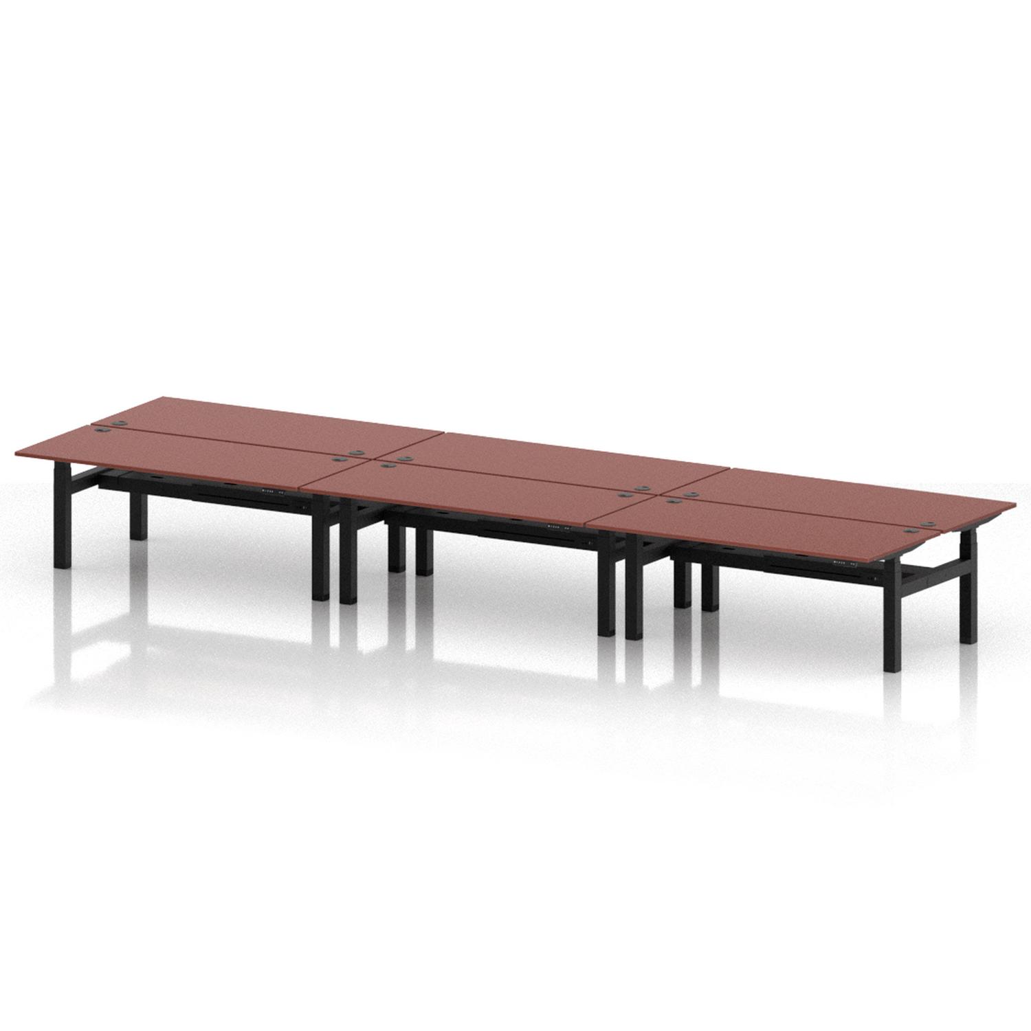 Air Back-to-Back 1800 x 800mm Height Adjustable 6 Person Office Bench Desk Brick Red Top with Cable Ports Black Frame Air Back-to-Back 1800 x 800mm Height Adjustable 6 Person Office Bench Desk Brick Red Top with Cable Ports Black Frame