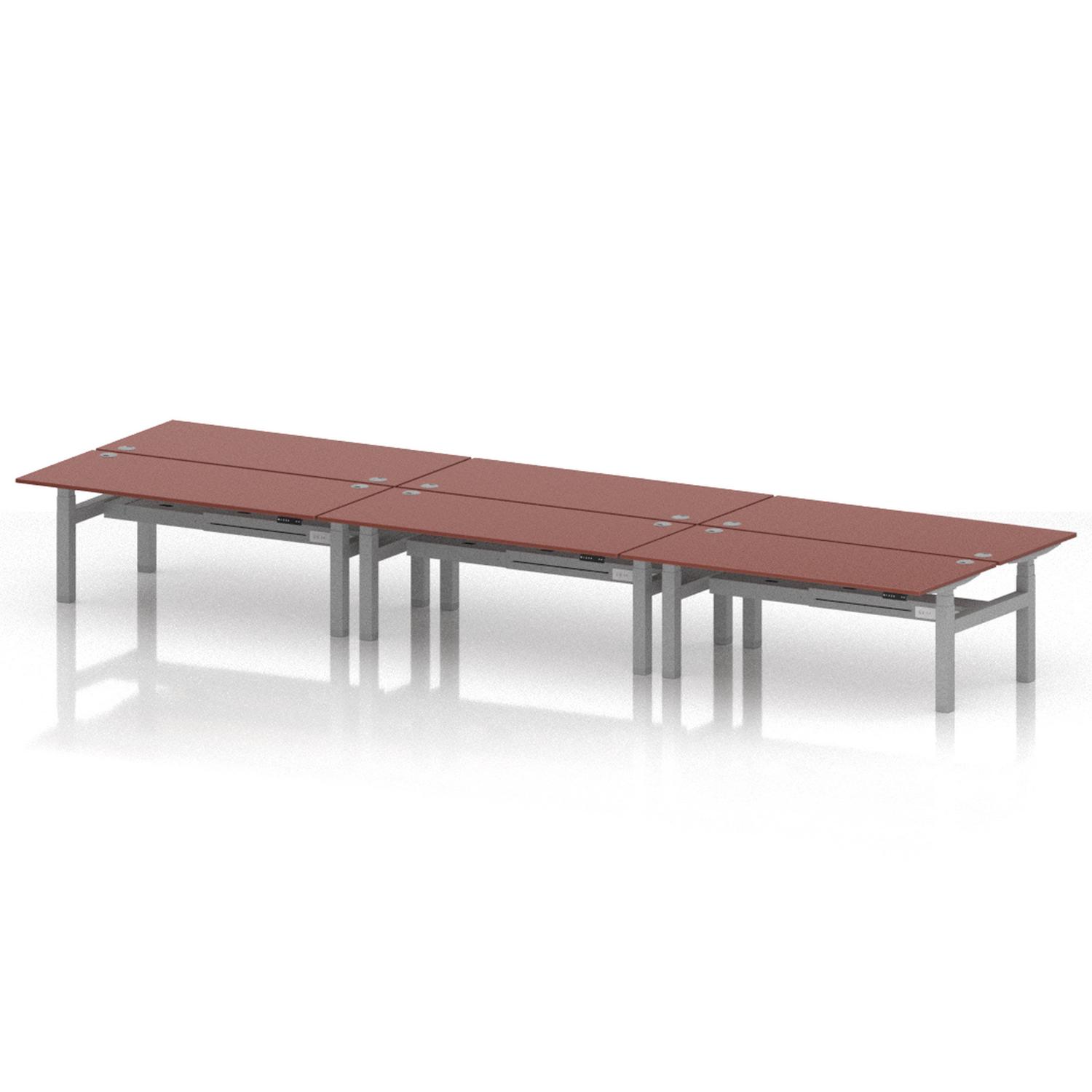 Air Back-to-Back 1800 x 800mm Height Adjustable 6 Person Office Bench Desk Brick Red Top with Cable Ports Silver Frame Air Back-to-Back 1800 x 800mm Height Adjustable 6 Person Office Bench Desk Brick Red Top with Cable Ports Silver Frame