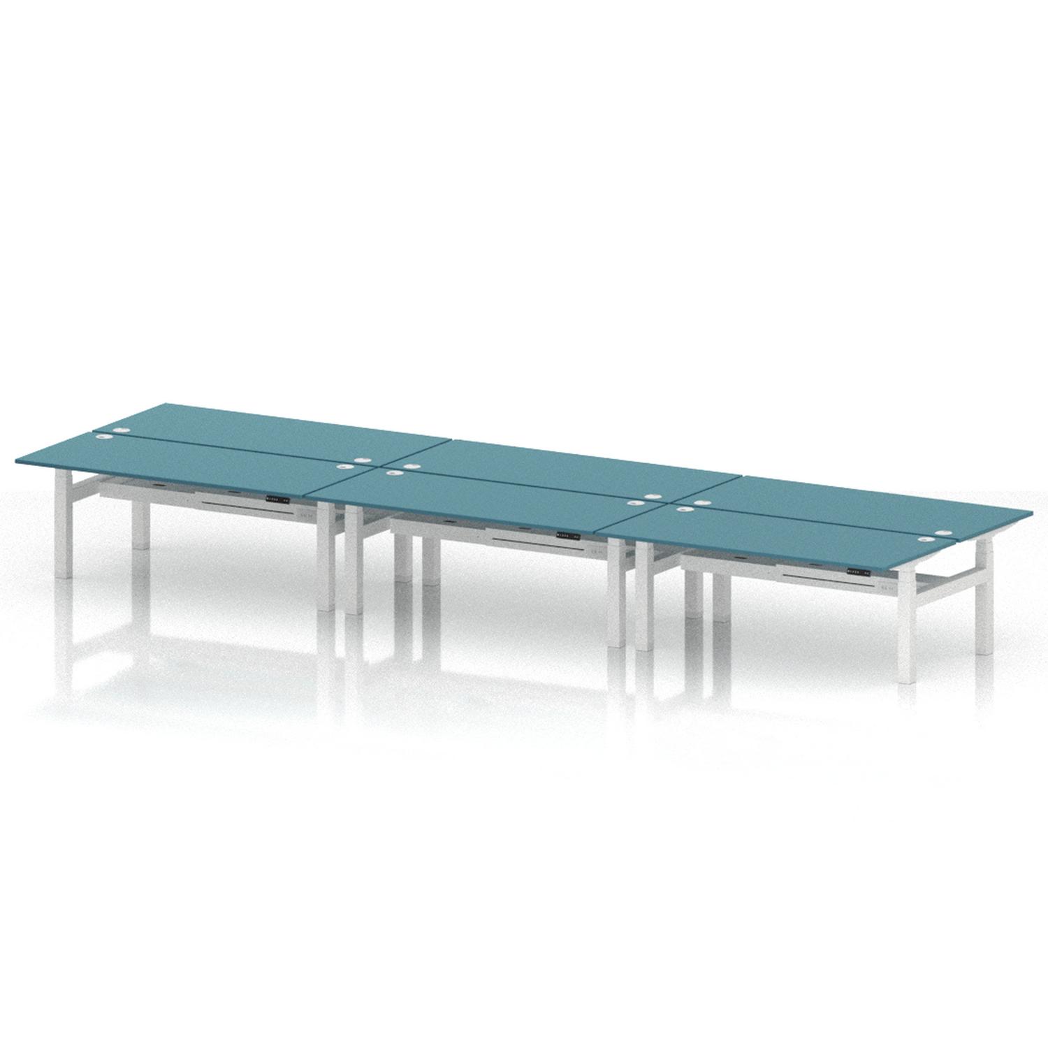 Air Back-to-Back 1800 x 800mm Height Adjustable 6 Person Office Bench Desk Dark Teal Top with Cable Ports White Frame Air Back-to-Back 1800 x 800mm Height Adjustable 6 Person Office Bench Desk Dark Teal Top with Cable Ports White Frame