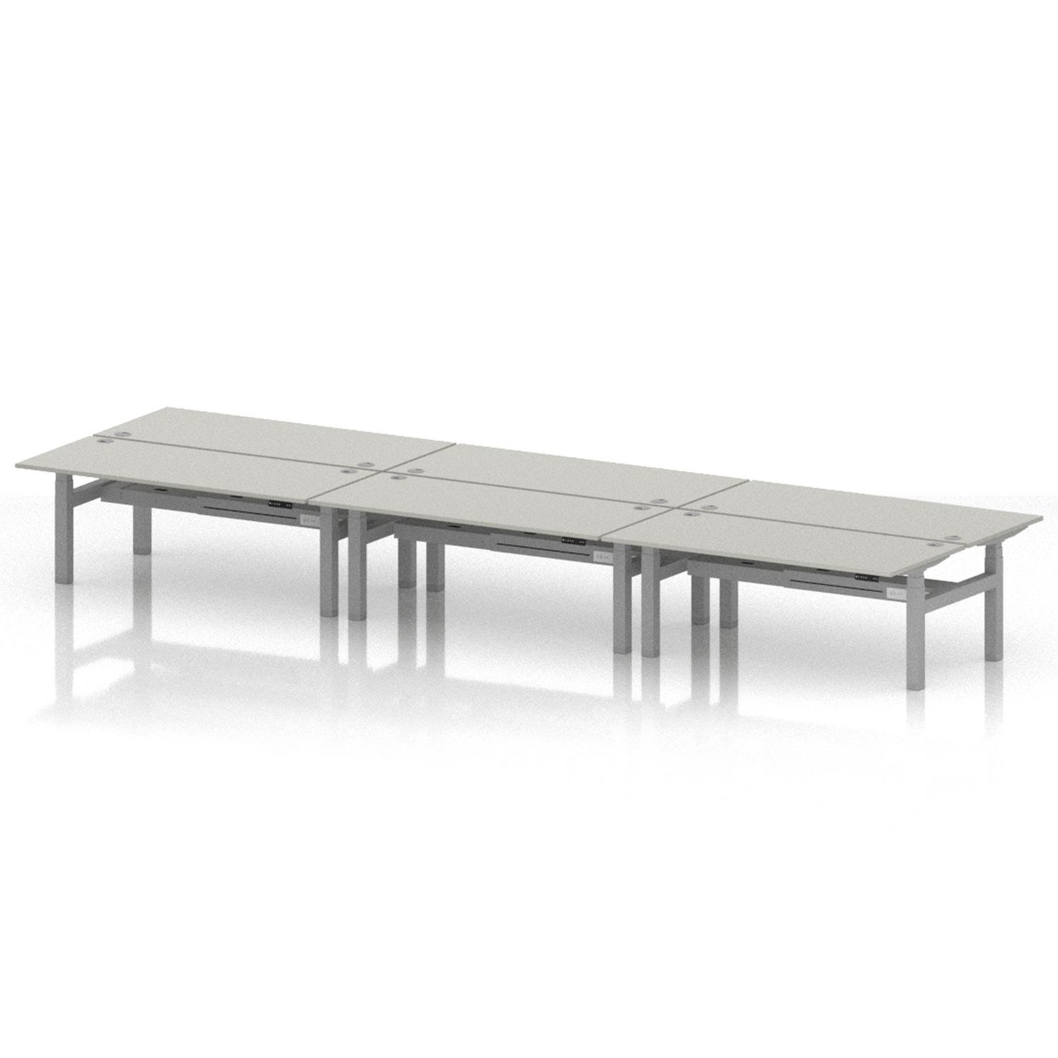 Air Back-to-Back 1800 x 800mm Height Adjustable 6 Person Office Bench Desk Dove Grey Top with Cable Ports Silver Frame Air Back-to-Back 1800 x 800mm Height Adjustable 6 Person Office Bench Desk Dove Grey Top with Cable Ports Silver Frame