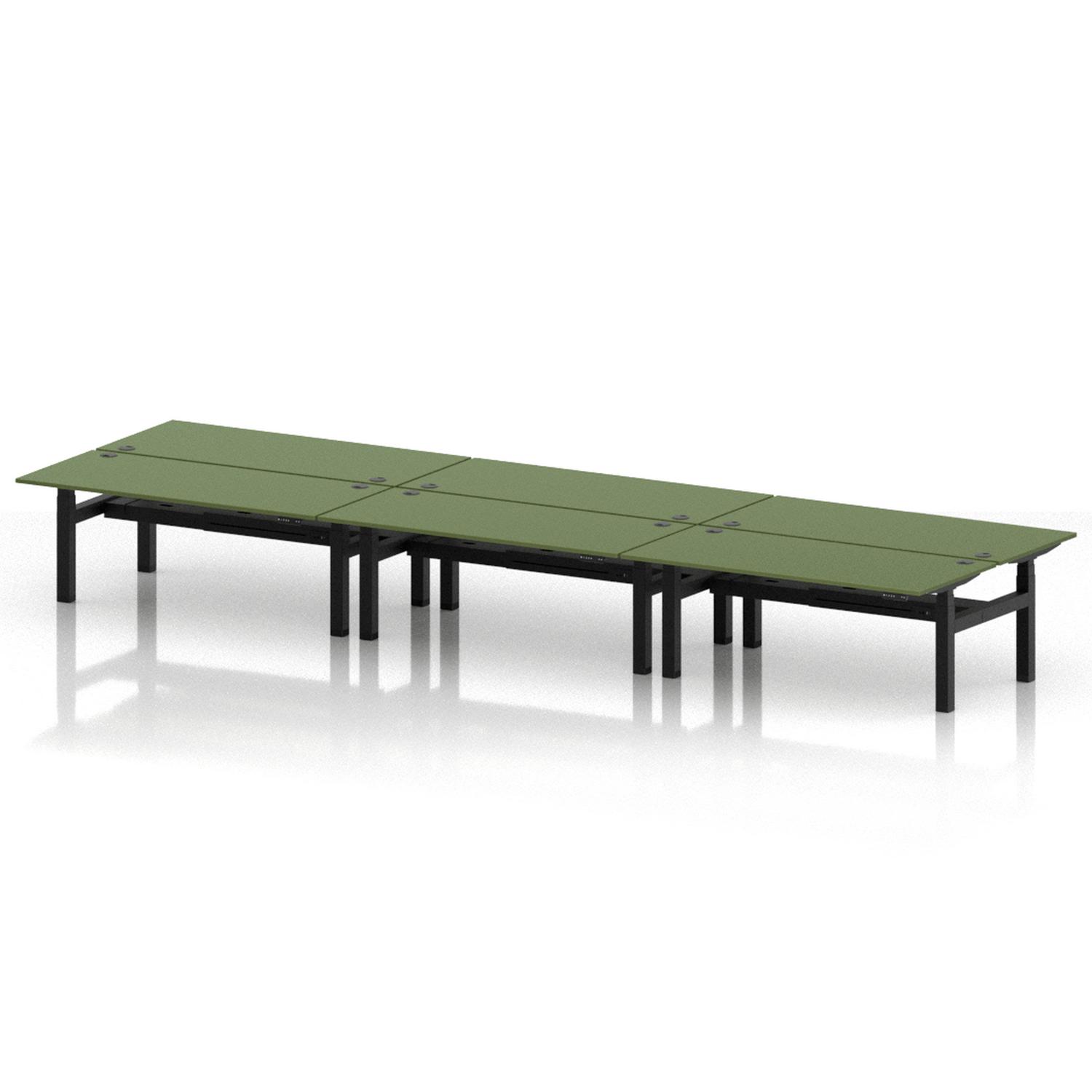 Air Back-to-Back 1800 x 800mm Height Adjustable 6 Person Office Bench Desk Moss Green Top with Cable Ports Black Frame Air Back-to-Back 1800 x 800mm Height Adjustable 6 Person Office Bench Desk Moss Green Top with Cable Ports Black Frame