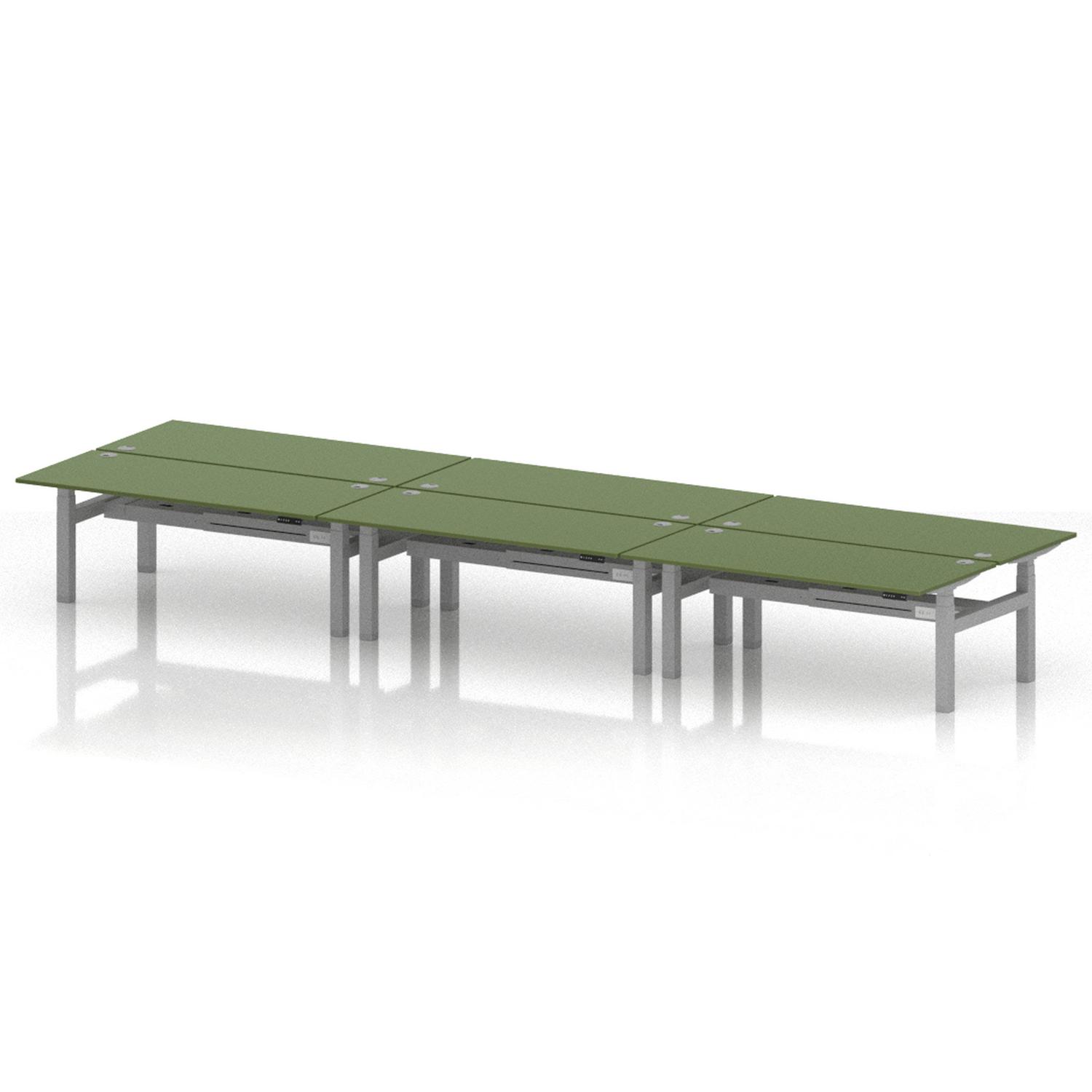 Air Back-to-Back 1800 x 800mm Height Adjustable 6 Person Office Bench Desk Moss Green Top with Cable Ports Silver Frame Air Back-to-Back 1800 x 800mm Height Adjustable 6 Person Office Bench Desk Moss Green Top with Cable Ports Silver Frame