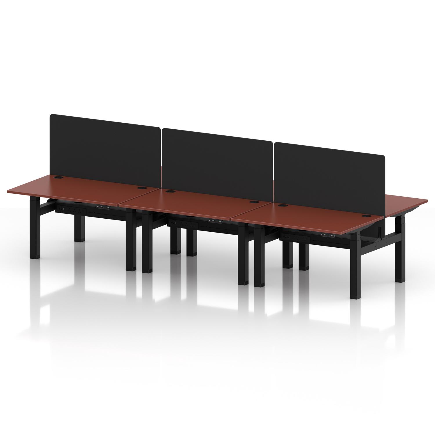 Air Back-to-Back 1200 x 800mm Height Adjustable 6 Person Office Bench Desk Brick Red Top with Cable Ports Black Frame with Black Straight Screen Air Back-to-Back 1200 x 800mm Height Adjustable 6 Person Office Bench Desk Brick Red Top with Cable Ports Black Frame with Black Straight Screen