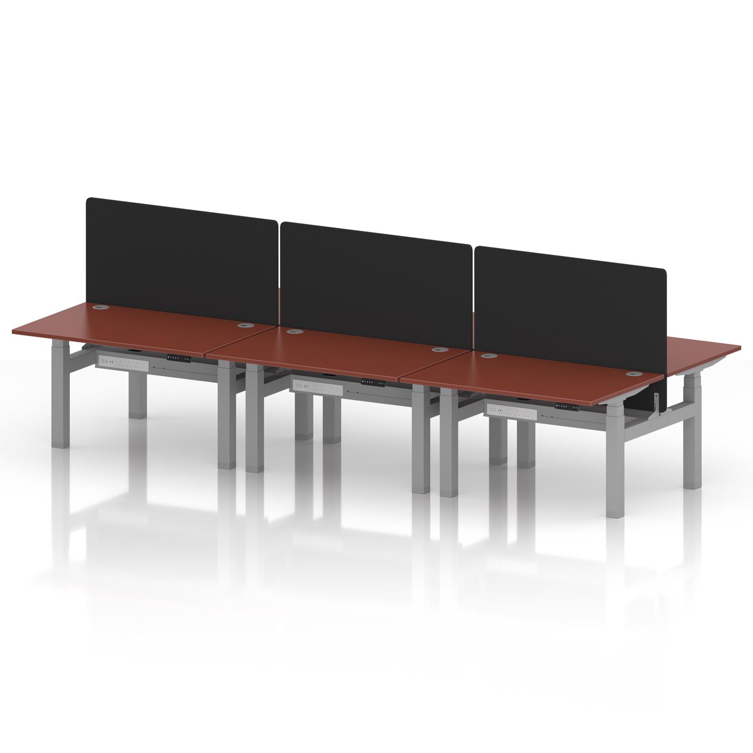 Air Back-to-Back 1200 x 800mm Height Adjustable 6 Person Office Bench Desk Brick Red Top with Cable Ports Silver Frame with Black Straight Screen Air Back-to-Back 1200 x 800mm Height Adjustable 6 Person Office Bench Desk Brick Red Top with Cable Ports Silver Frame with Black Straight Screen