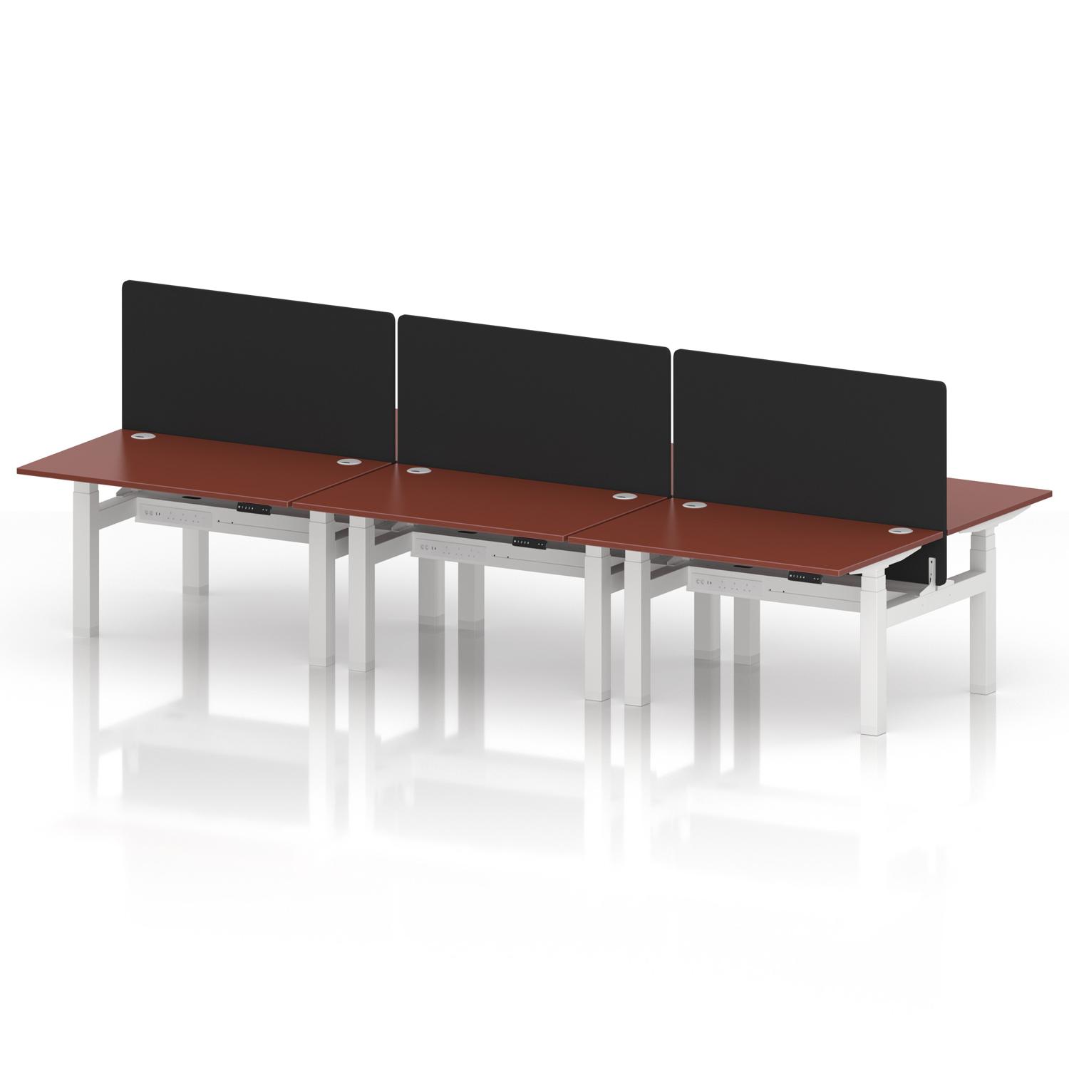 Air Back-to-Back 1200 x 800mm Height Adjustable 6 Person Office Bench Desk Brick Red Top with Cable Ports White Frame with Black Straight Screen Air Back-to-Back 1200 x 800mm Height Adjustable 6 Person Office Bench Desk Brick Red Top with Cable Ports White Frame with Black Straight Screen