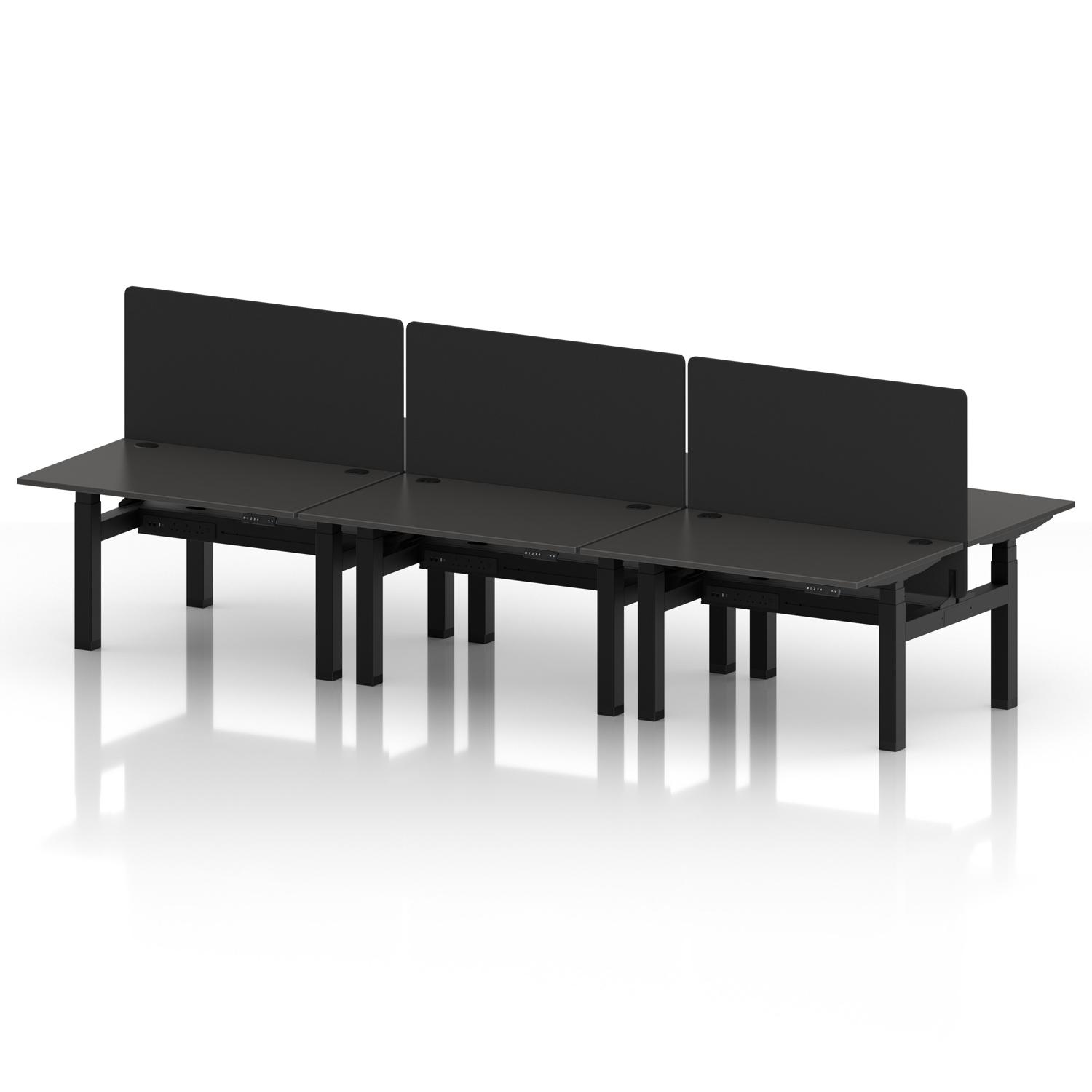 Air Back-to-Back 1200 x 800mm Height Adjustable 6 Person Office Bench Desk Carbon Grey Top with Cable Ports Black Frame with Black Straight Screen Air Back-to-Back 1200 x 800mm Height Adjustable 6 Person Office Bench Desk Carbon Grey Top with Cable Ports Black Frame with Black Straight Screen
