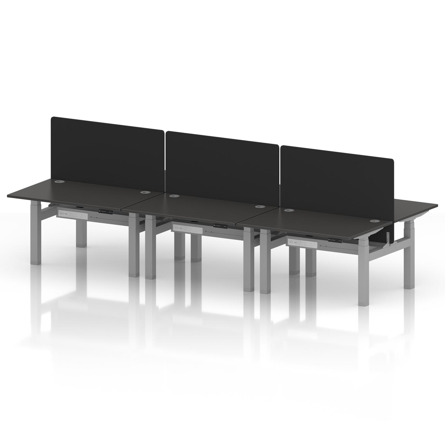 Air Back-to-Back 1200 x 800mm Height Adjustable 6 Person Office Bench Desk Carbon Grey Top with Cable Ports Silver Frame with Black Straight Screen Air Back-to-Back 1200 x 800mm Height Adjustable 6 Person Office Bench Desk Carbon Grey Top with Cable Ports Silver Frame with Black Straight Screen