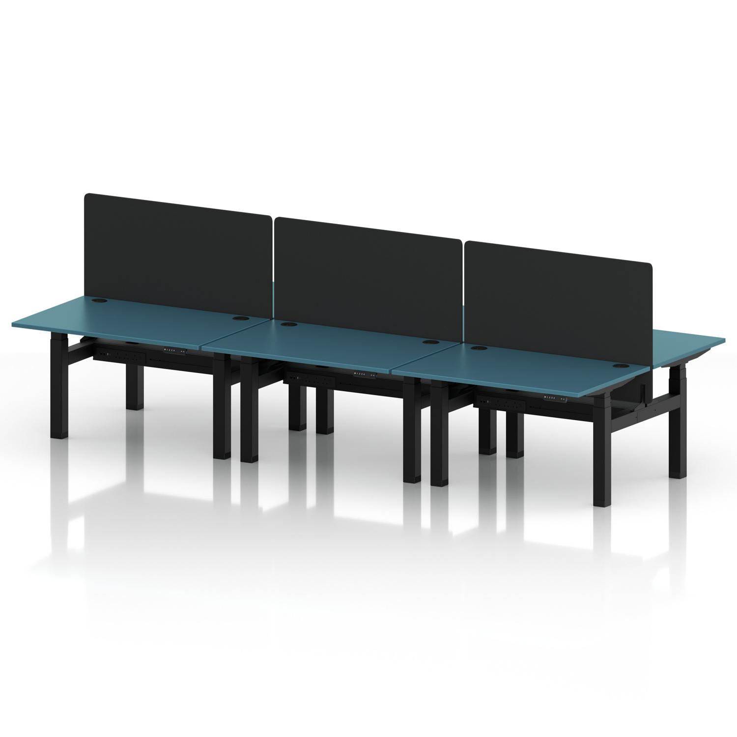 Air Back-to-Back 1200 x 800mm Height Adjustable 6 Person Office Bench Desk Dark Teal Top with Cable Ports Black Frame with Black Straight Screen