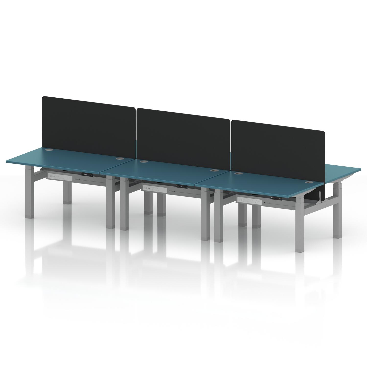 Air Back-to-Back 1200 x 800mm Height Adjustable 6 Person Office Bench Desk Dark Teal Top with Cable Ports Silver Frame with Black Straight Screen Air Back-to-Back 1200 x 800mm Height Adjustable 6 Person Office Bench Desk Dark Teal Top with Cable Ports Silver Frame with Black Straight Screen