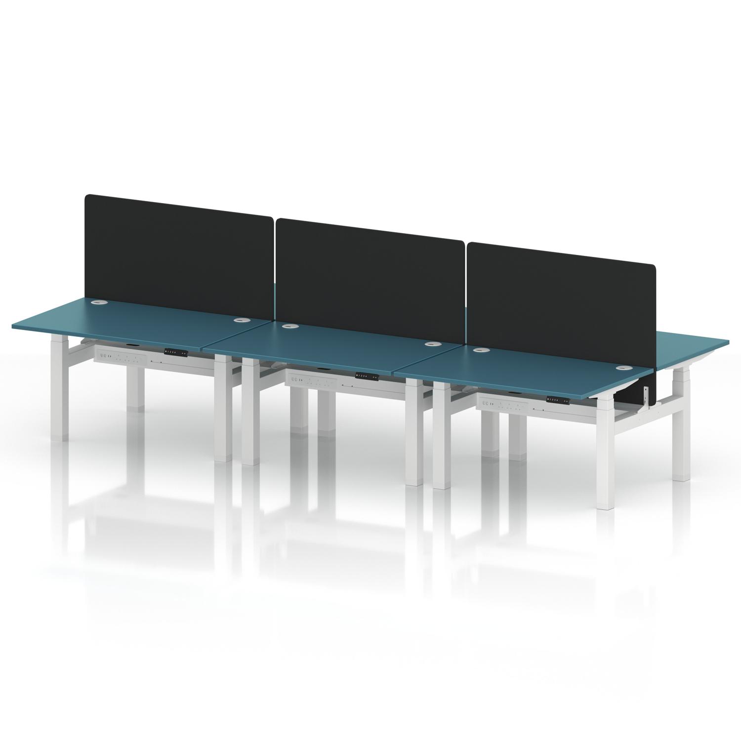 Air Back-to-Back 1200 x 800mm Height Adjustable 6 Person Office Bench Desk Dark Teal Top with Cable Ports White Frame with Black Straight Screen