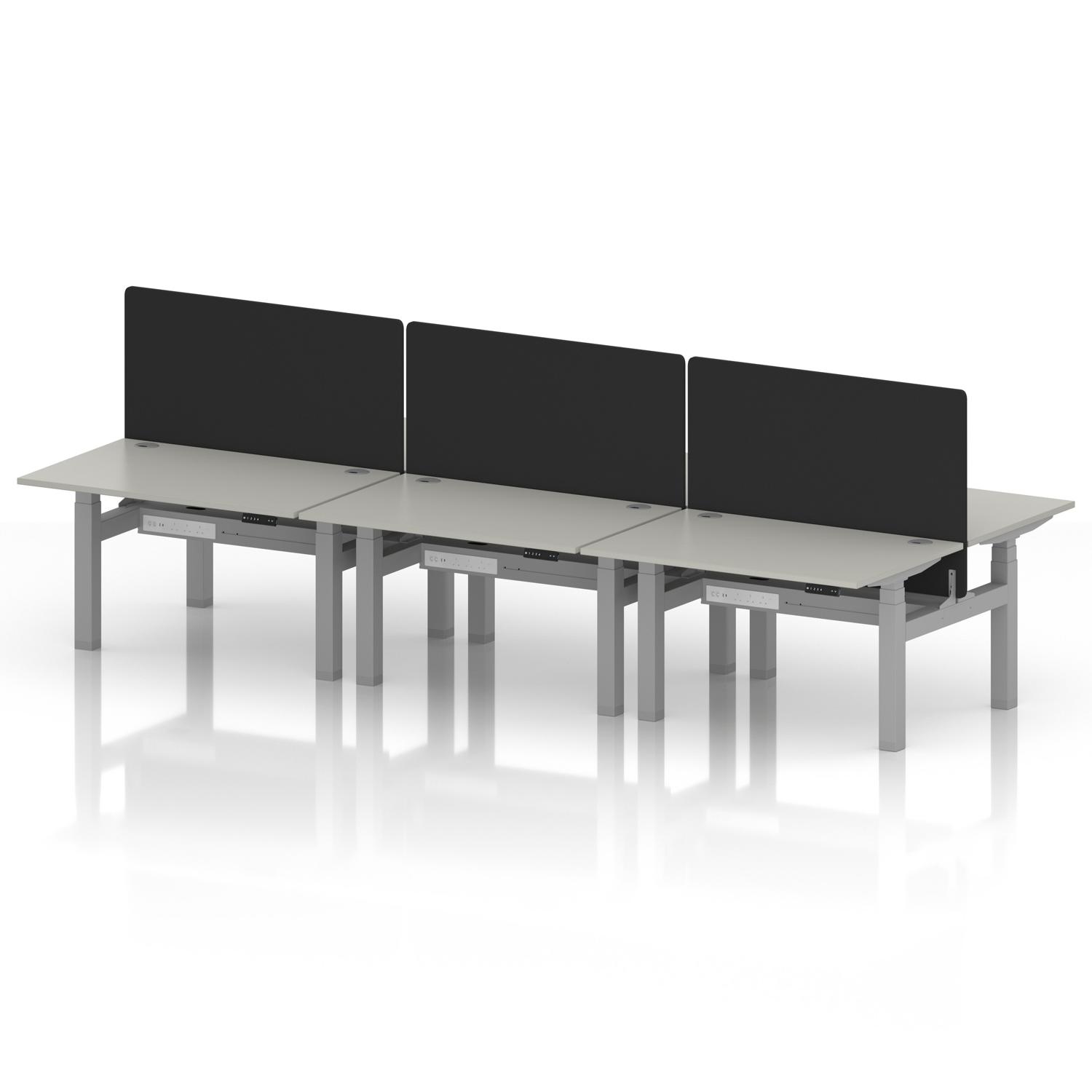 Air Back-to-Back 1200 x 800mm Height Adjustable 6 Person Office Bench Desk Dove Grey Top with Cable Ports Silver Frame with Black Straight Screen Air Back-to-Back 1200 x 800mm Height Adjustable 6 Person Office Bench Desk Dove Grey Top with Cable Ports Silver Frame with Black Straight Screen