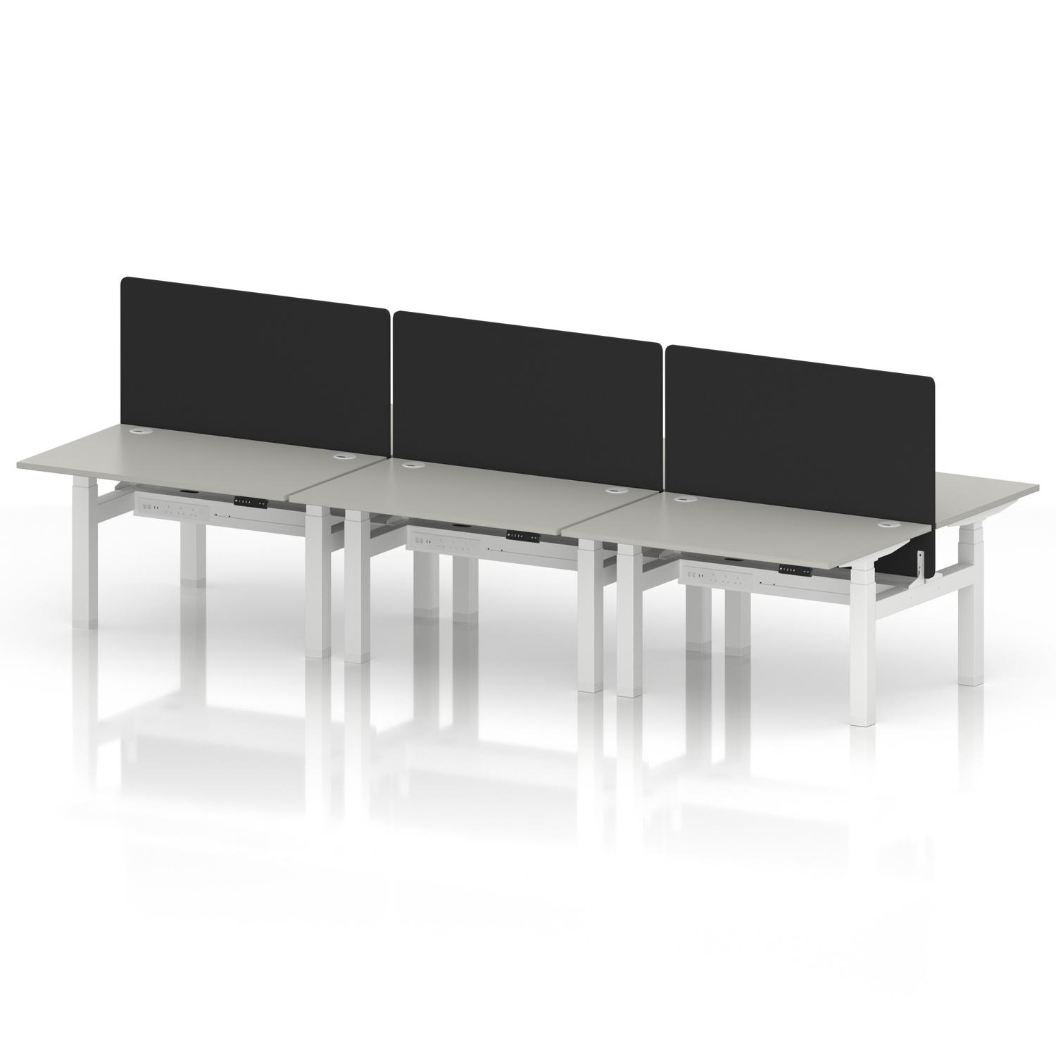 Air Back-to-Back 1200 x 800mm Height Adjustable 6 Person Office Bench Desk Dove Grey Top with Cable Ports White Frame with Black Straight Screen Air Back-to-Back 1200 x 800mm Height Adjustable 6 Person Office Bench Desk Dove Grey Top with Cable Ports White Frame with Black Straight Screen