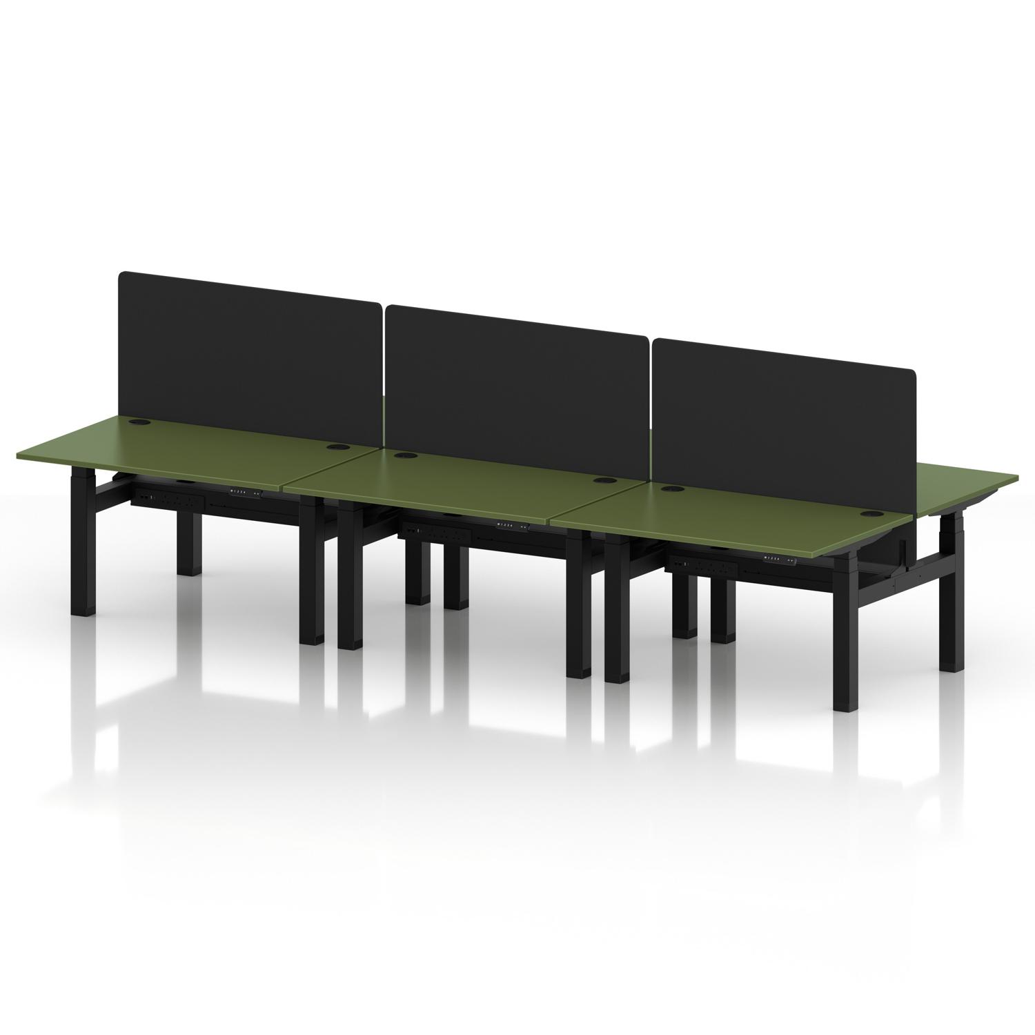 Air Back-to-Back 1200 x 800mm Height Adjustable 6 Person Office Bench Desk Moss Green Top with Cable Ports Black Frame with Black Straight Screen
