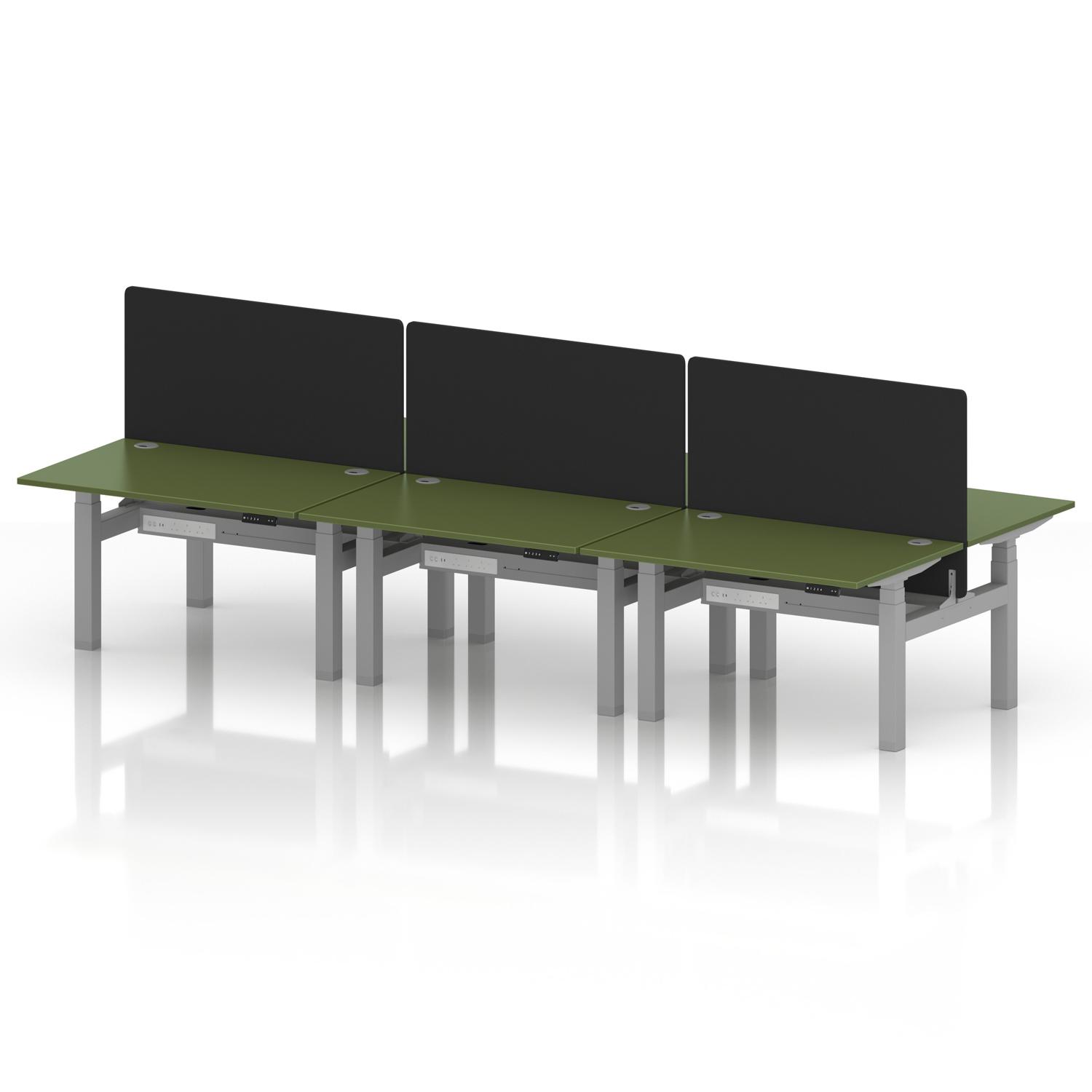 Air Back-to-Back 1200 x 800mm Height Adjustable 6 Person Office Bench Desk Moss Green Top with Cable Ports Silver Frame with Black Straight Screen Air Back-to-Back 1200 x 800mm Height Adjustable 6 Person Office Bench Desk Moss Green Top with Cable Ports Silver Frame with Black Straight Screen