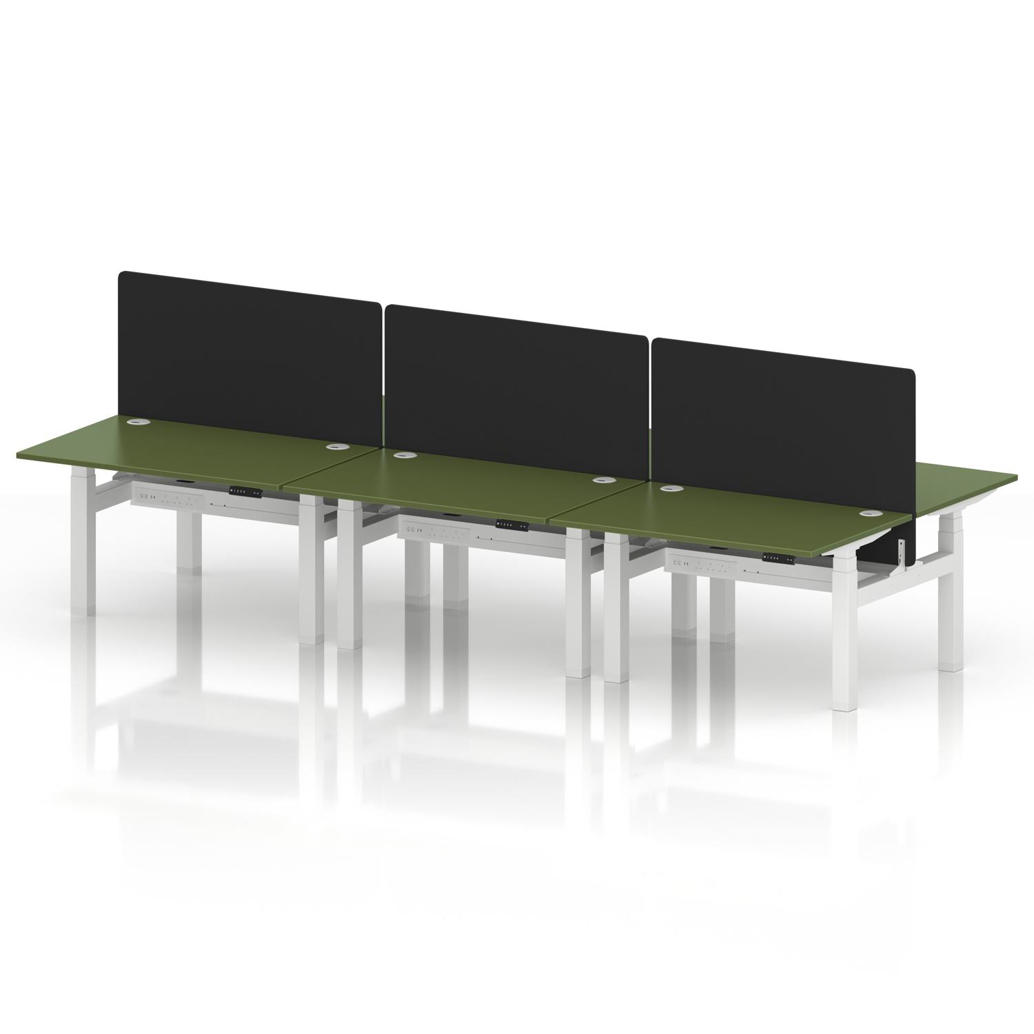 Air Back-to-Back 1200 x 800mm Height Adjustable 6 Person Office Bench Desk Moss Green Top with Cable Ports White Frame with Black Straight Screen Air Back-to-Back 1200 x 800mm Height Adjustable 6 Person Office Bench Desk Moss Green Top with Cable Ports White Frame with Black Straight Screen