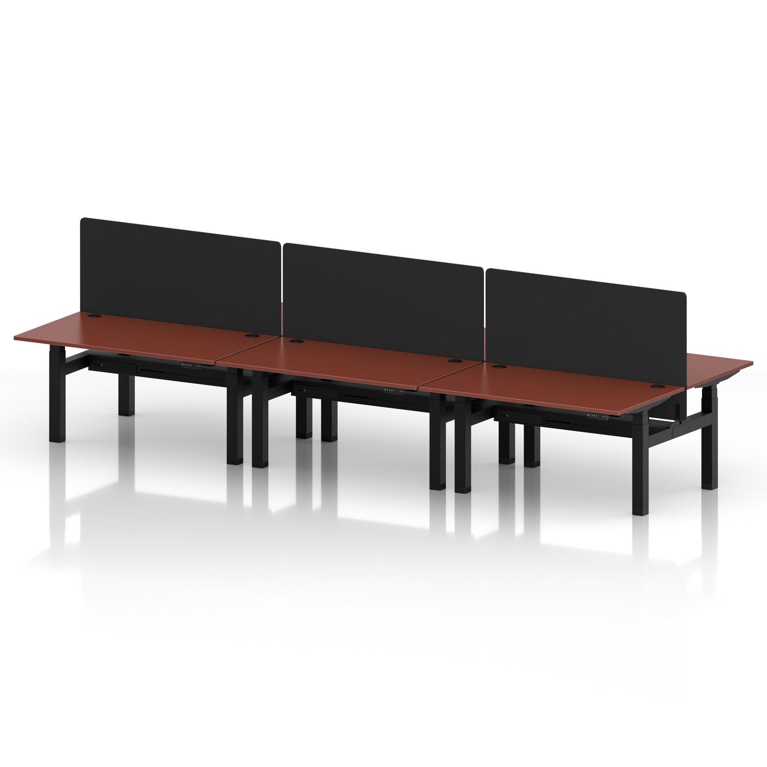 Air Back-to-Back 1400 x 800mm Height Adjustable 6 Person Office Bench Desk Brick Red Top with Cable Ports Black Frame with Black Straight Screen Air Back-to-Back 1400 x 800mm Height Adjustable 6 Person Office Bench Desk Brick Red Top with Cable Ports Black Frame with Black Straight Screen