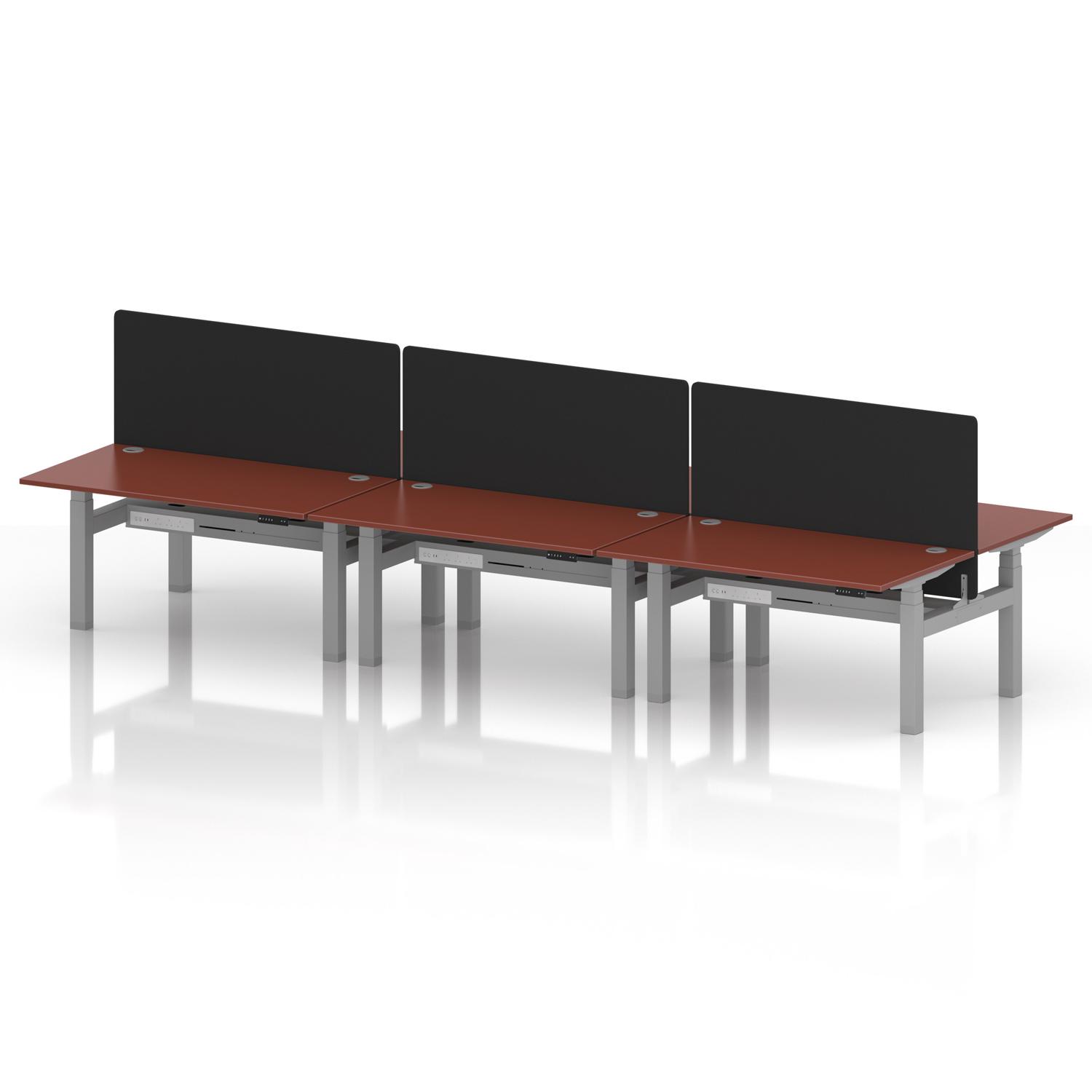 Air Back-to-Back 1400 x 800mm Height Adjustable 6 Person Office Bench Desk Brick Red Top with Cable Ports Silver Frame with Black Straight Screen Air Back-to-Back 1400 x 800mm Height Adjustable 6 Person Office Bench Desk Brick Red Top with Cable Ports Silver Frame with Black Straight Screen