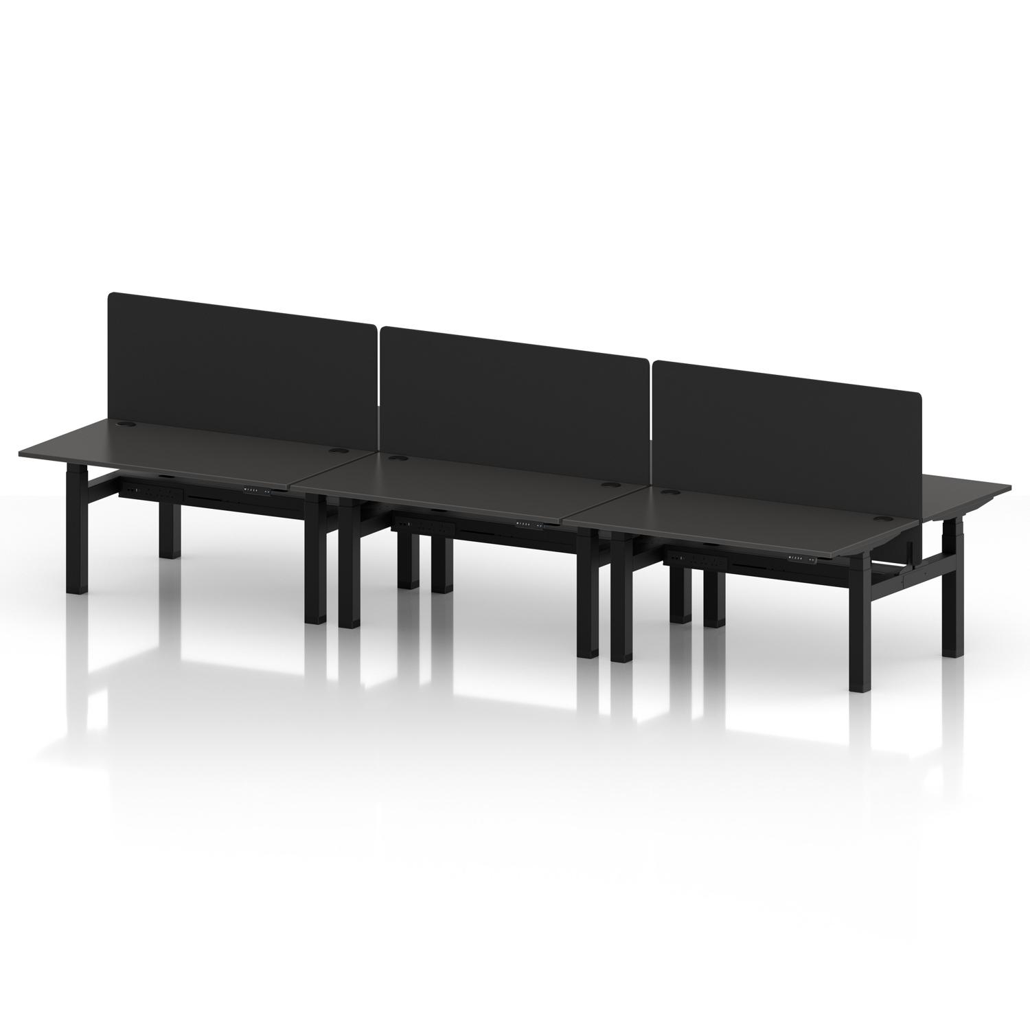 Air Back-to-Back 1400 x 800mm Height Adjustable 6 Person Office Bench Desk Carbon Grey Top with Cable Ports Black Frame with Black Straight Screen Air Back-to-Back 1400 x 800mm Height Adjustable 6 Person Office Bench Desk Carbon Grey Top with Cable Ports Black Frame with Black Straight Screen