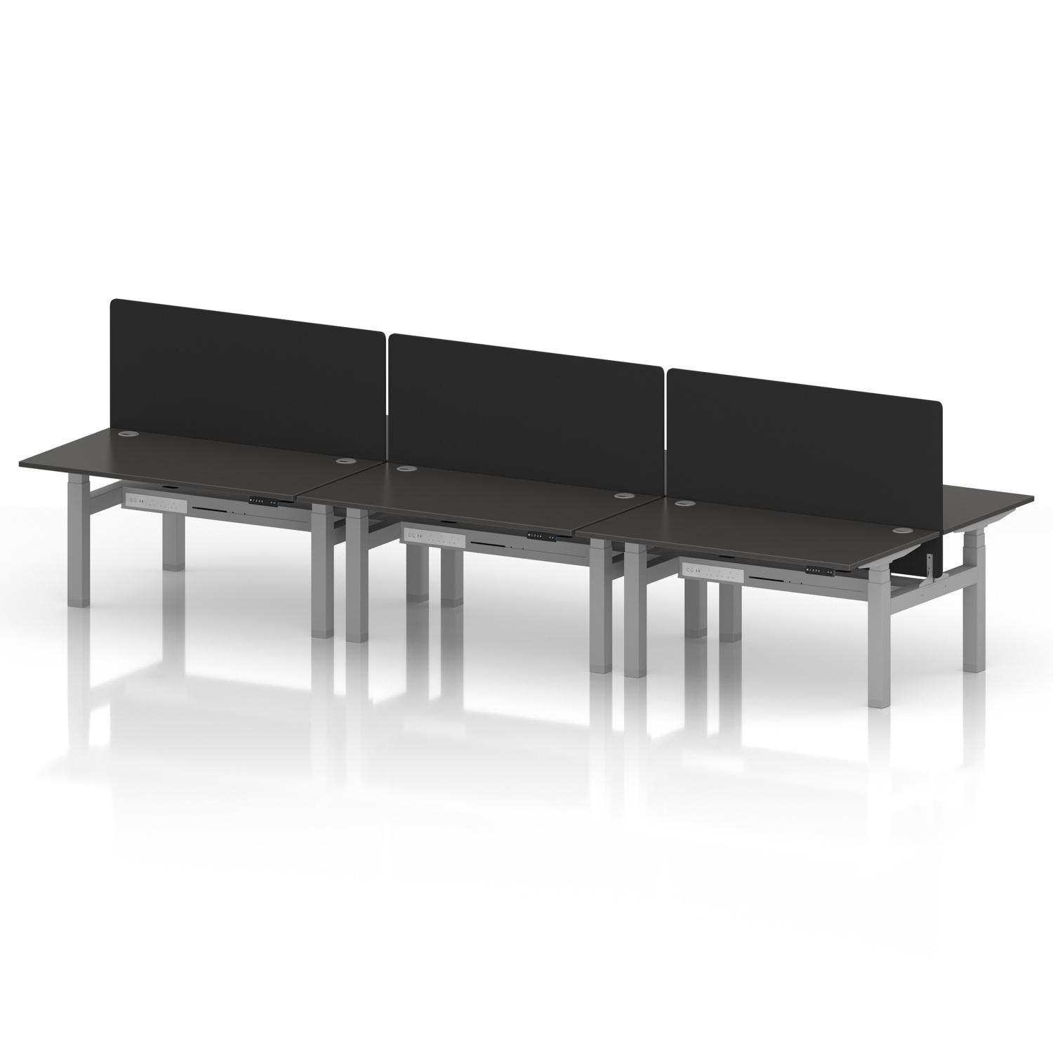 Air Back-to-Back 1400 x 800mm Height Adjustable 6 Person Office Bench Desk Carbon Grey Top with Cable Ports Silver Frame with Black Straight Screen Air Back-to-Back 1400 x 800mm Height Adjustable 6 Person Office Bench Desk Carbon Grey Top with Cable Ports Silver Frame with Black Straight Screen