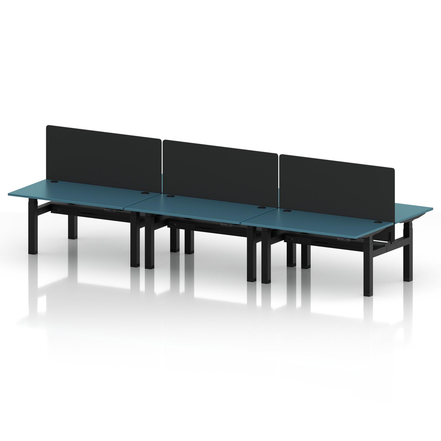Air Back-to-Back 1400 x 800mm Height Adjustable 6 Person Office Bench Desk Dark Teal Top with Cable Ports Black Frame with Black Straight Screen Air Back-to-Back 1400 x 800mm Height Adjustable 6 Person Office Bench Desk Dark Teal Top with Cable Ports Black Frame with Black Straight Screen