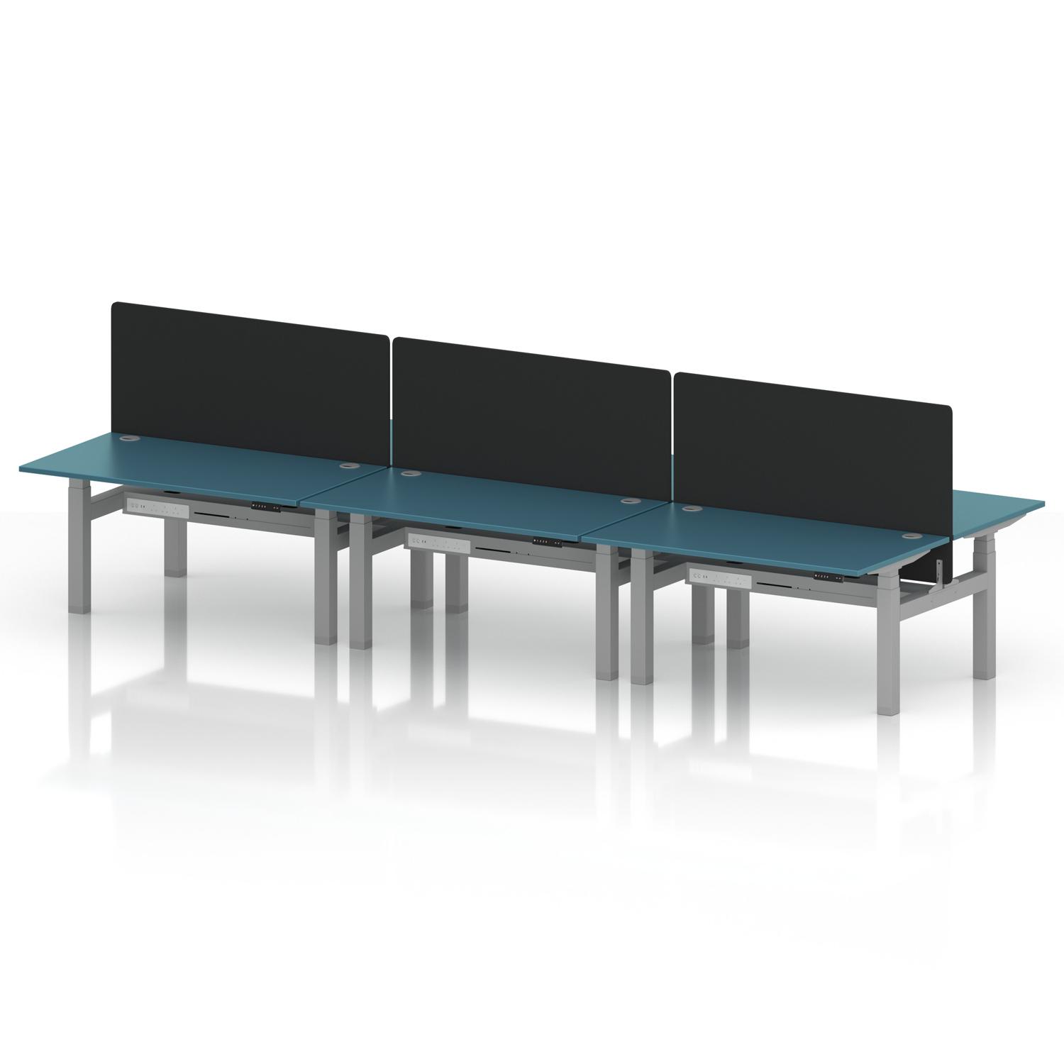 Air Back-to-Back 1400 x 800mm Height Adjustable 6 Person Office Bench Desk Dark Teal Top with Cable Ports Silver Frame with Black Straight Screen