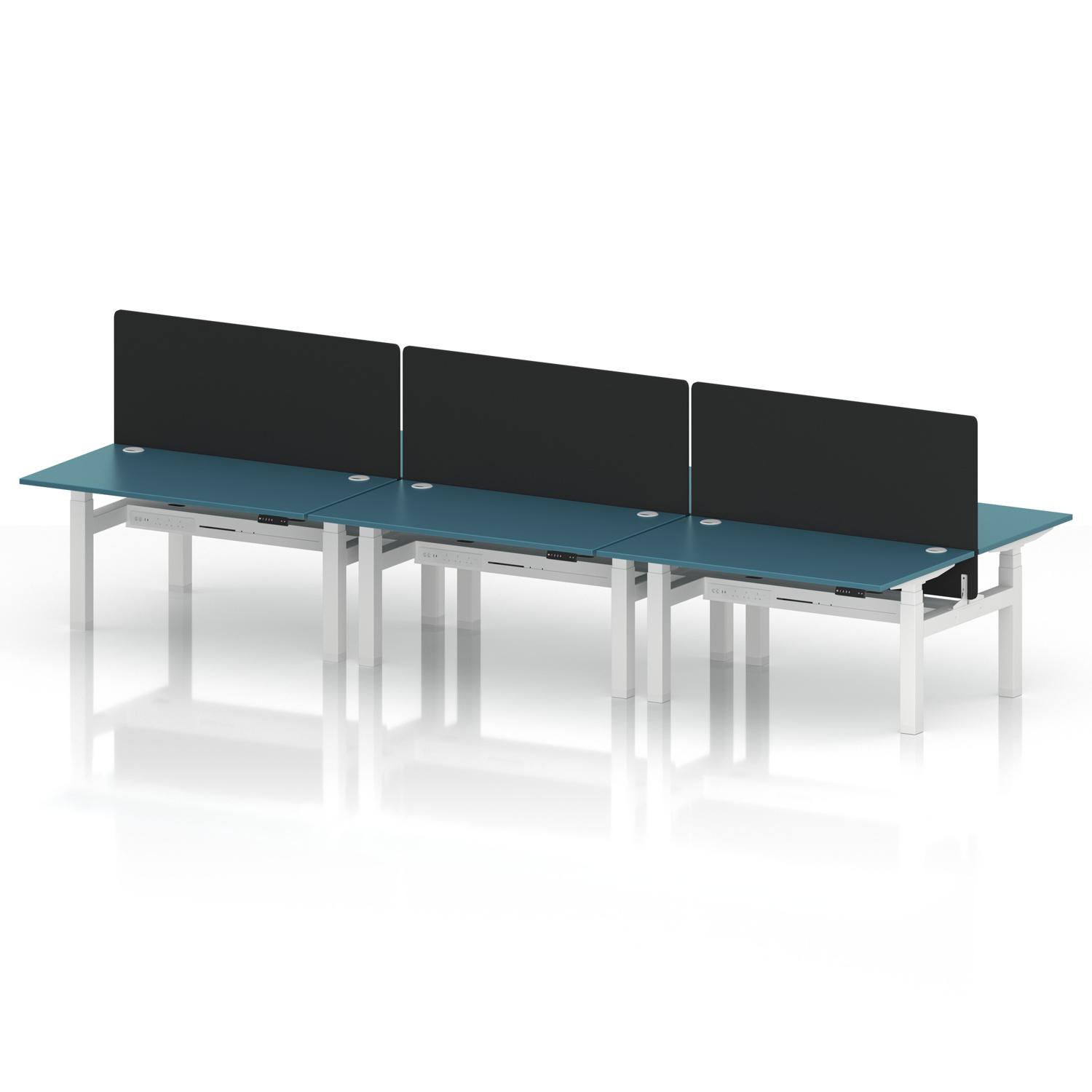 Air Back-to-Back 1400 x 800mm Height Adjustable 6 Person Office Bench Desk Dark Teal Top with Cable Ports White Frame with Black Straight Screen Air Back-to-Back 1400 x 800mm Height Adjustable 6 Person Office Bench Desk Dark Teal Top with Cable Ports White Frame with Black Straight Screen
